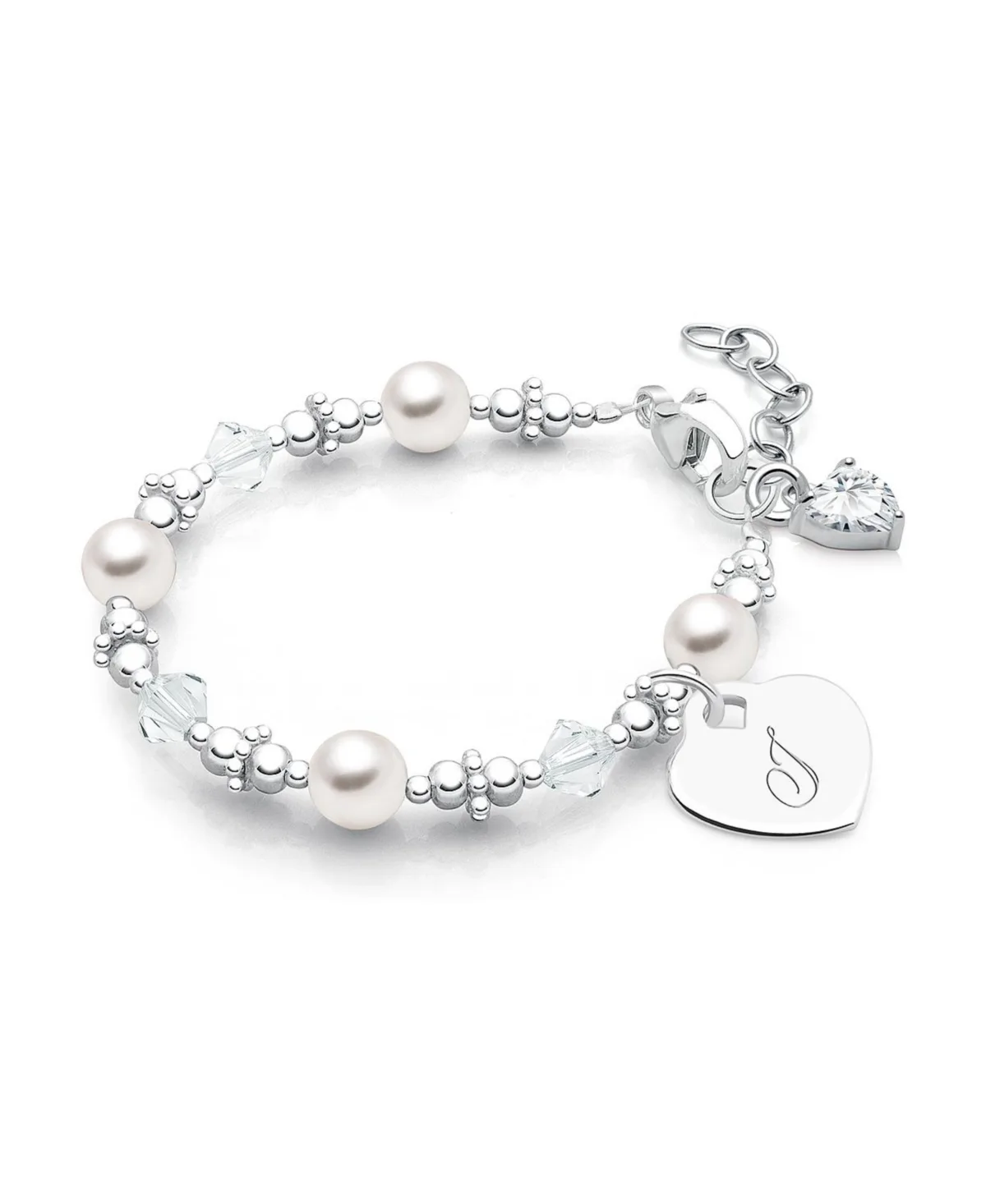 Sterling Silver Crystals & Pearls & Engraved Initial 5.25" Bracelet by Tiny Blessings