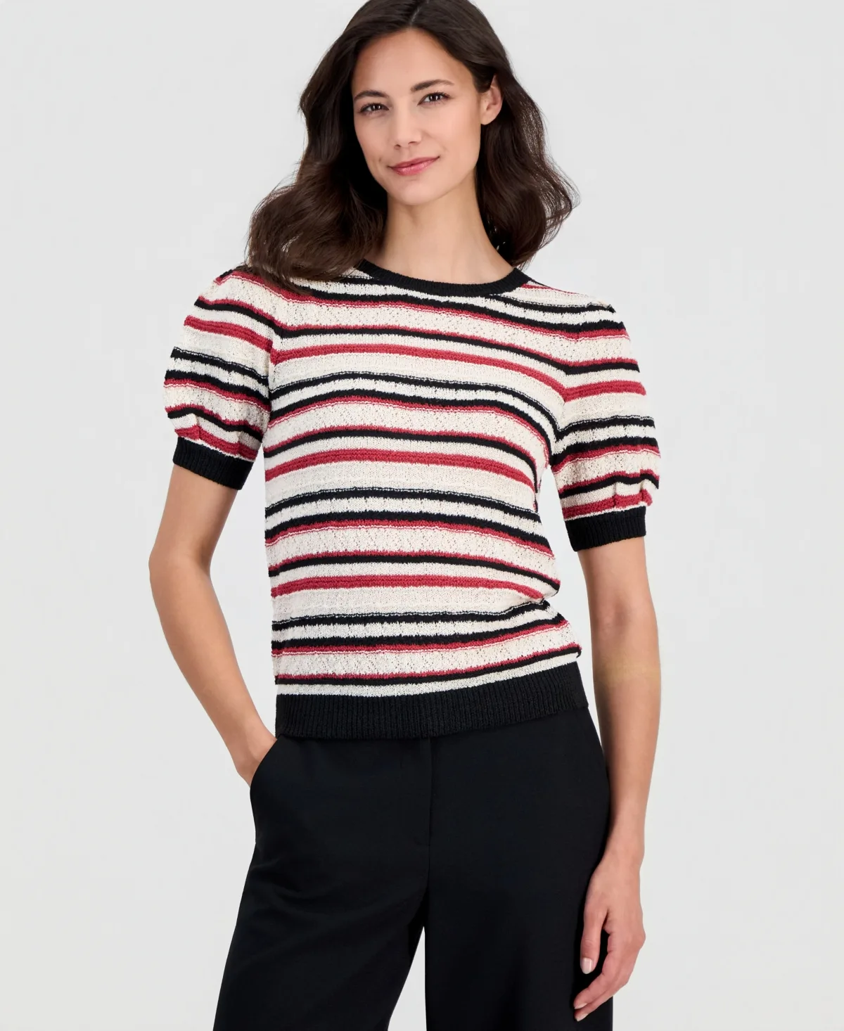 Striped Puff-Sleeve Pointelle-Knit Top