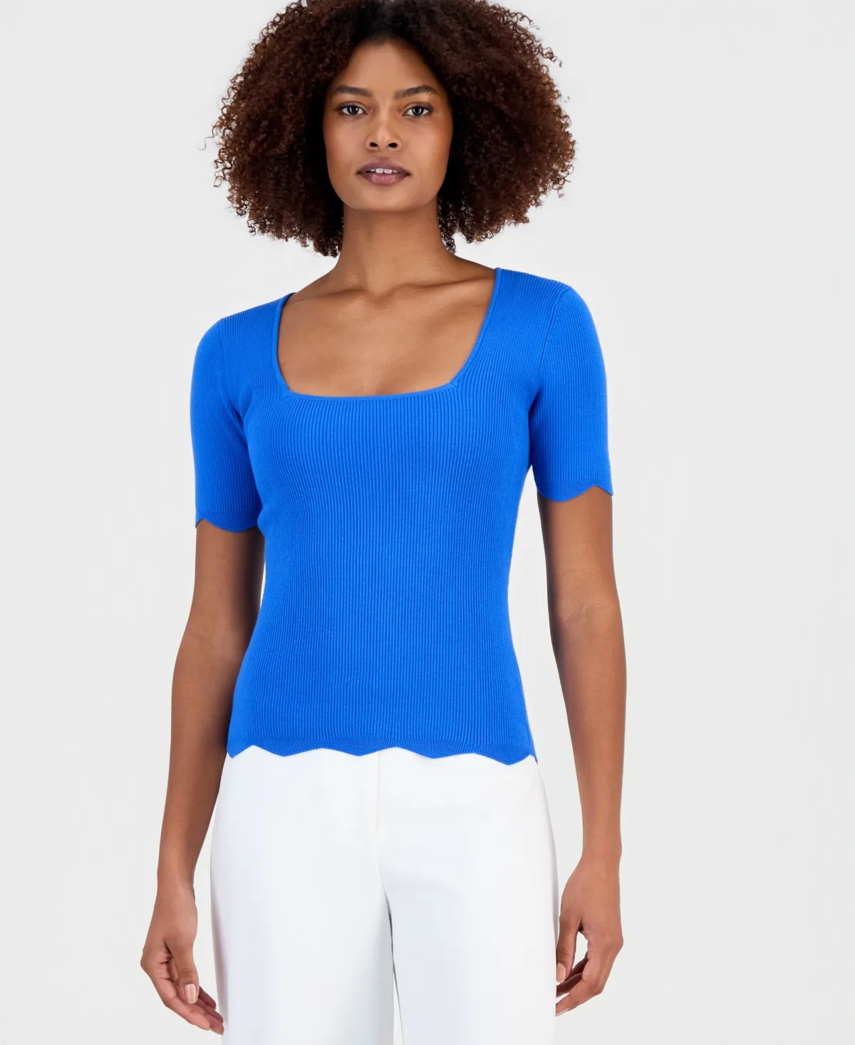 Square-Neck Scalloped-Edge Knit Top by T Tahari