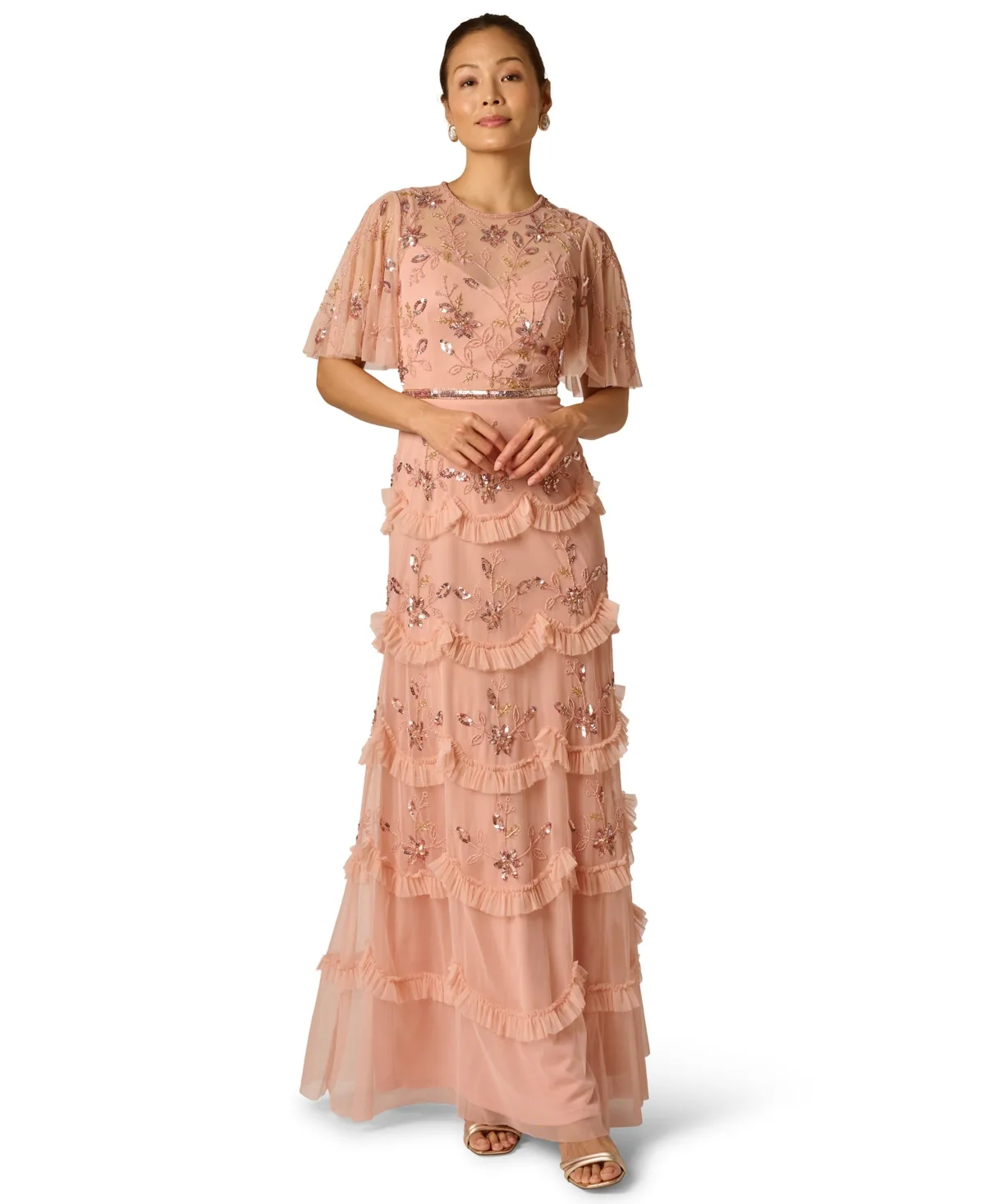 Bead Mesh Crewneck Ruffle Dress by Adrianna Papell