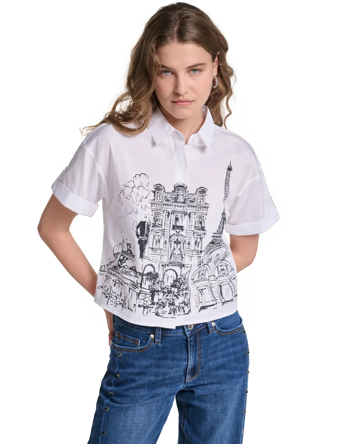 Cotton Crop Paris Scene Button-Front Top by Karl Lagerfeld Paris