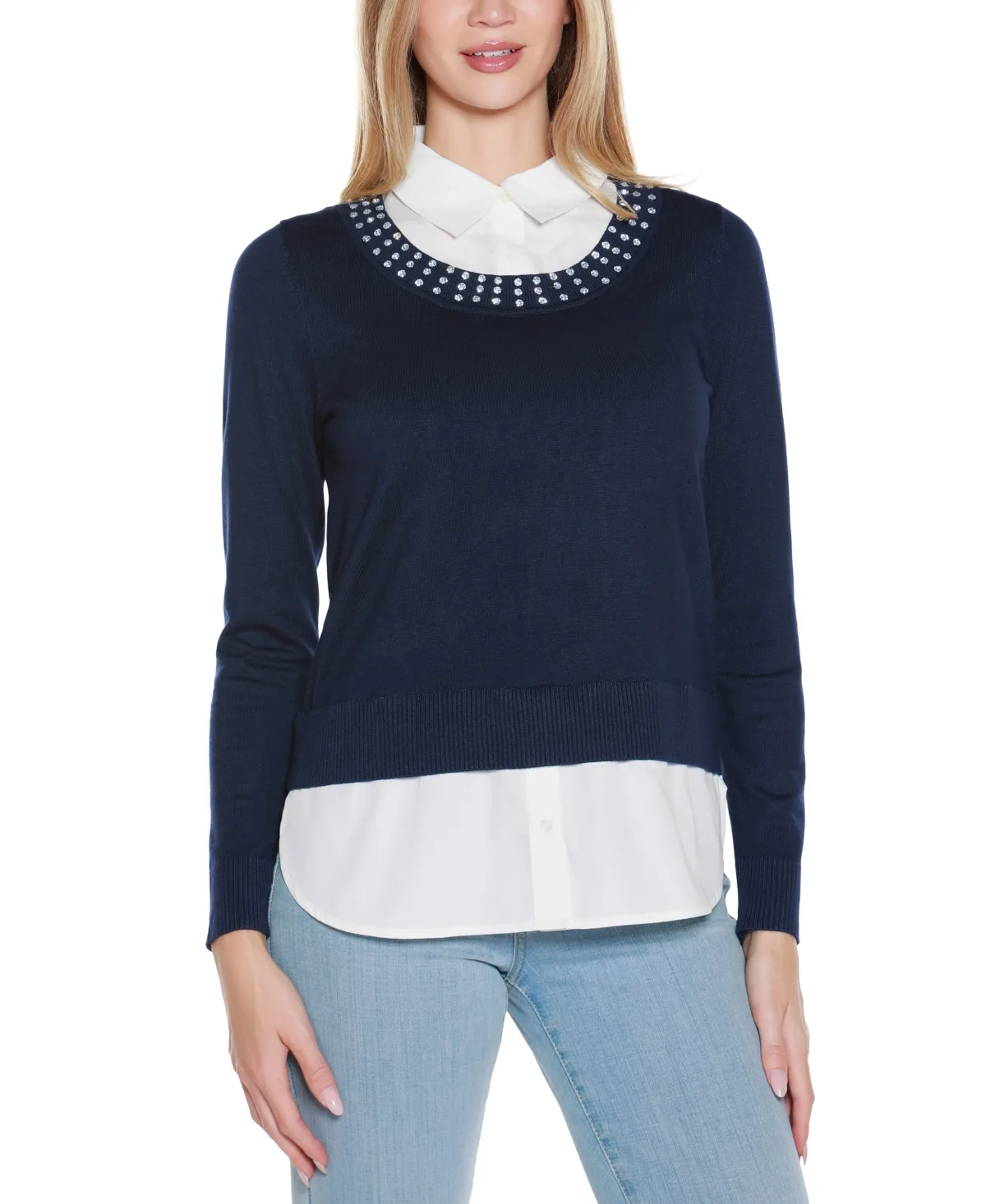 Rhinestone-Neckline Two-Fer Sweater by Belldini