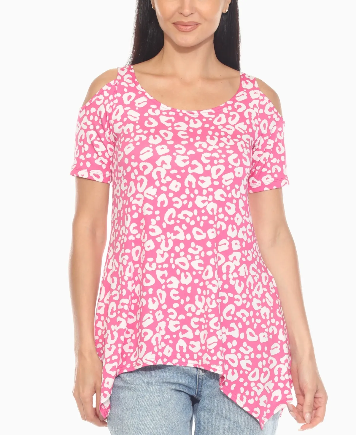 Cold Shoulder Leopard Print Short Sleeve Top by White Mark