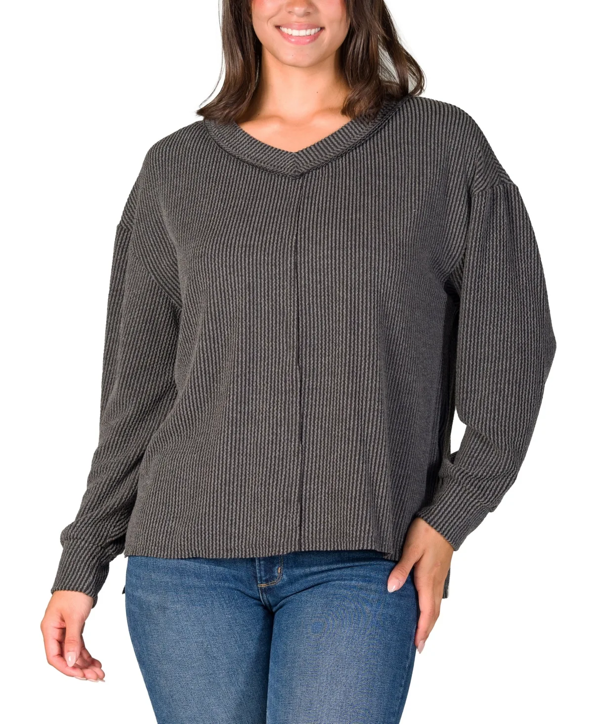 Relaxed Fit Ribbed Knit V Neck Sweater Top by 24seven Comfort Apparel