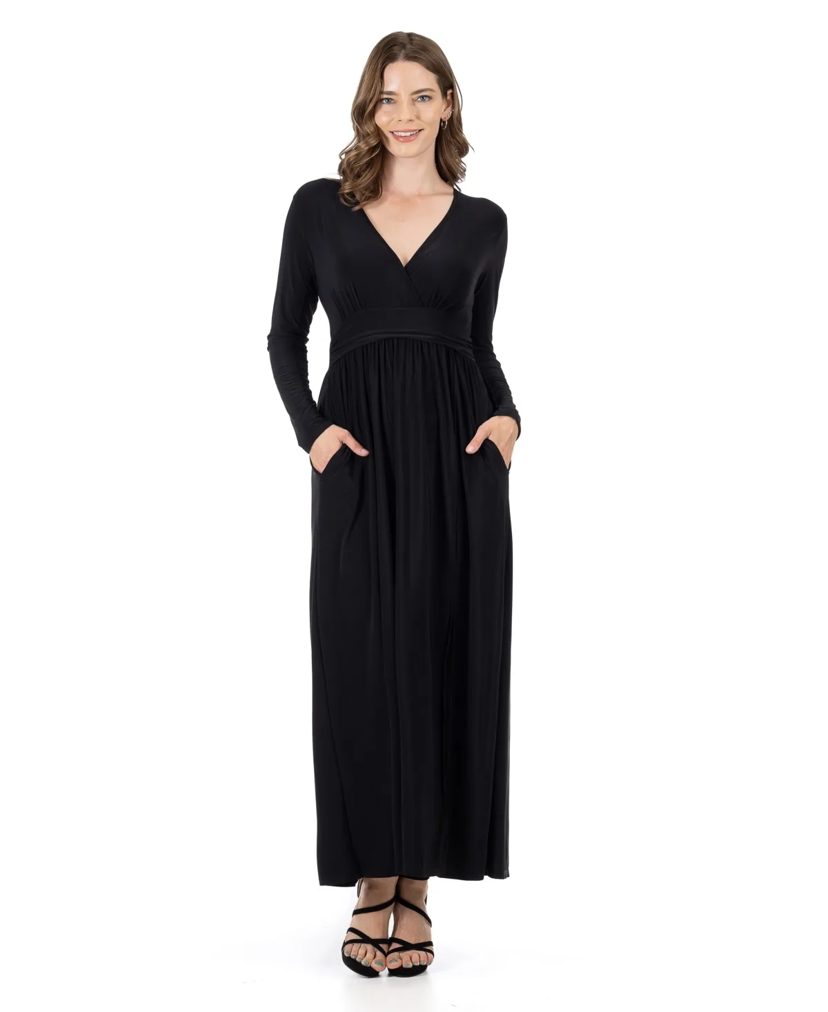 Long Sleeve V-Neck Side Slit Maxi Dress by 24seven Comfort Apparel