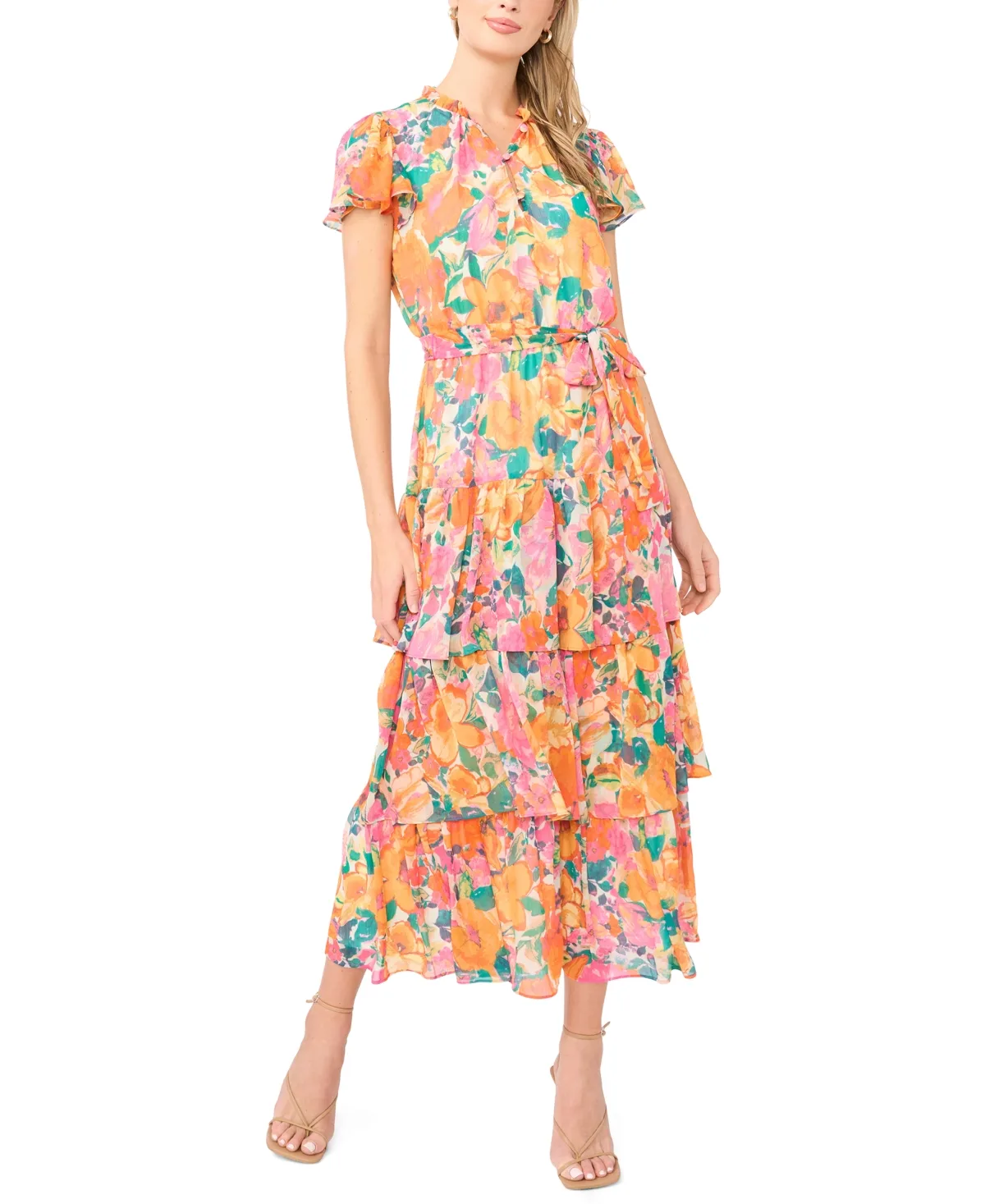 Tiered Floral Flutter-Sleeve Maxi Dress