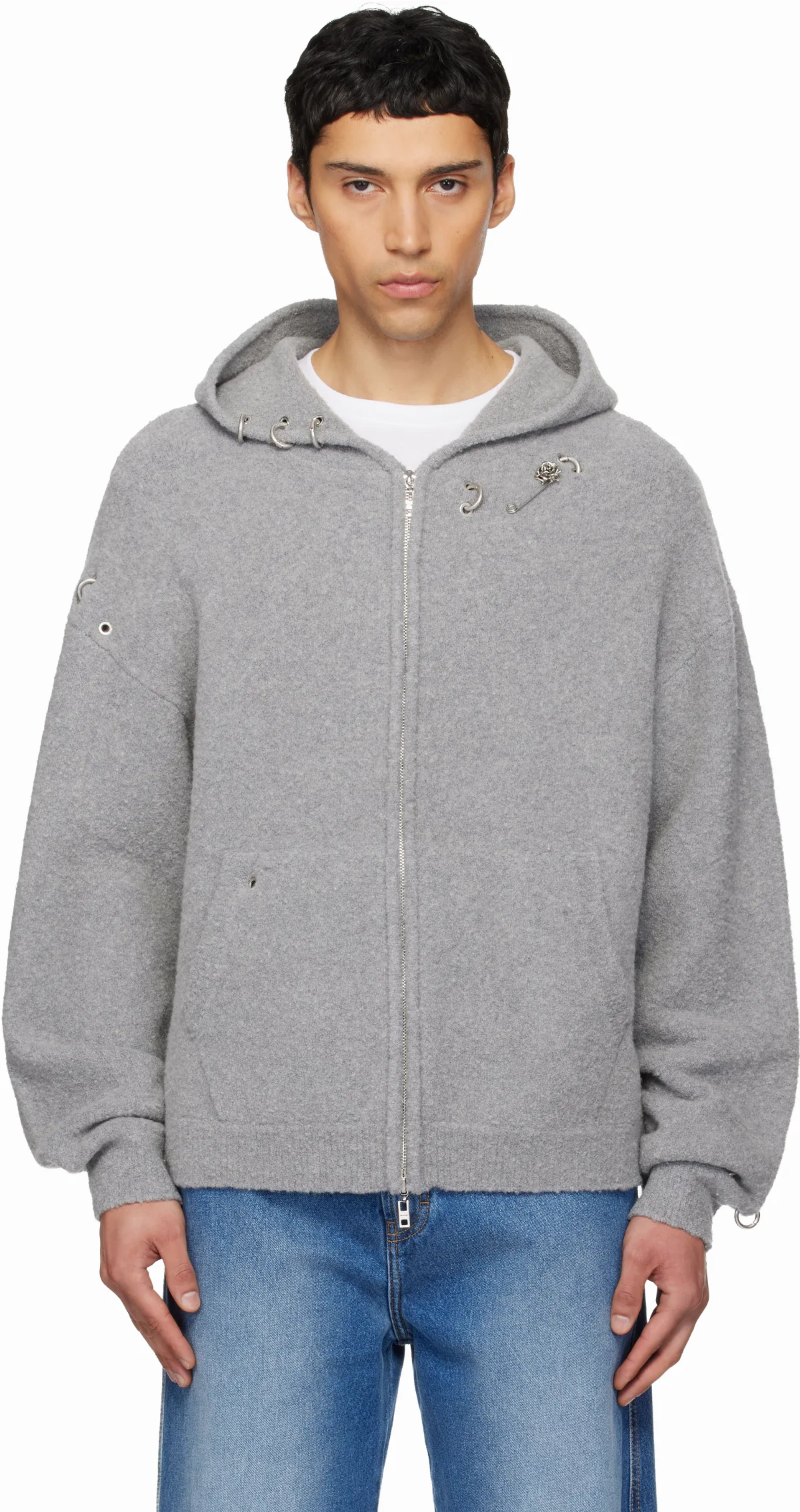 Gray Rose Thorns Oversized Zip-Up Hoodie
