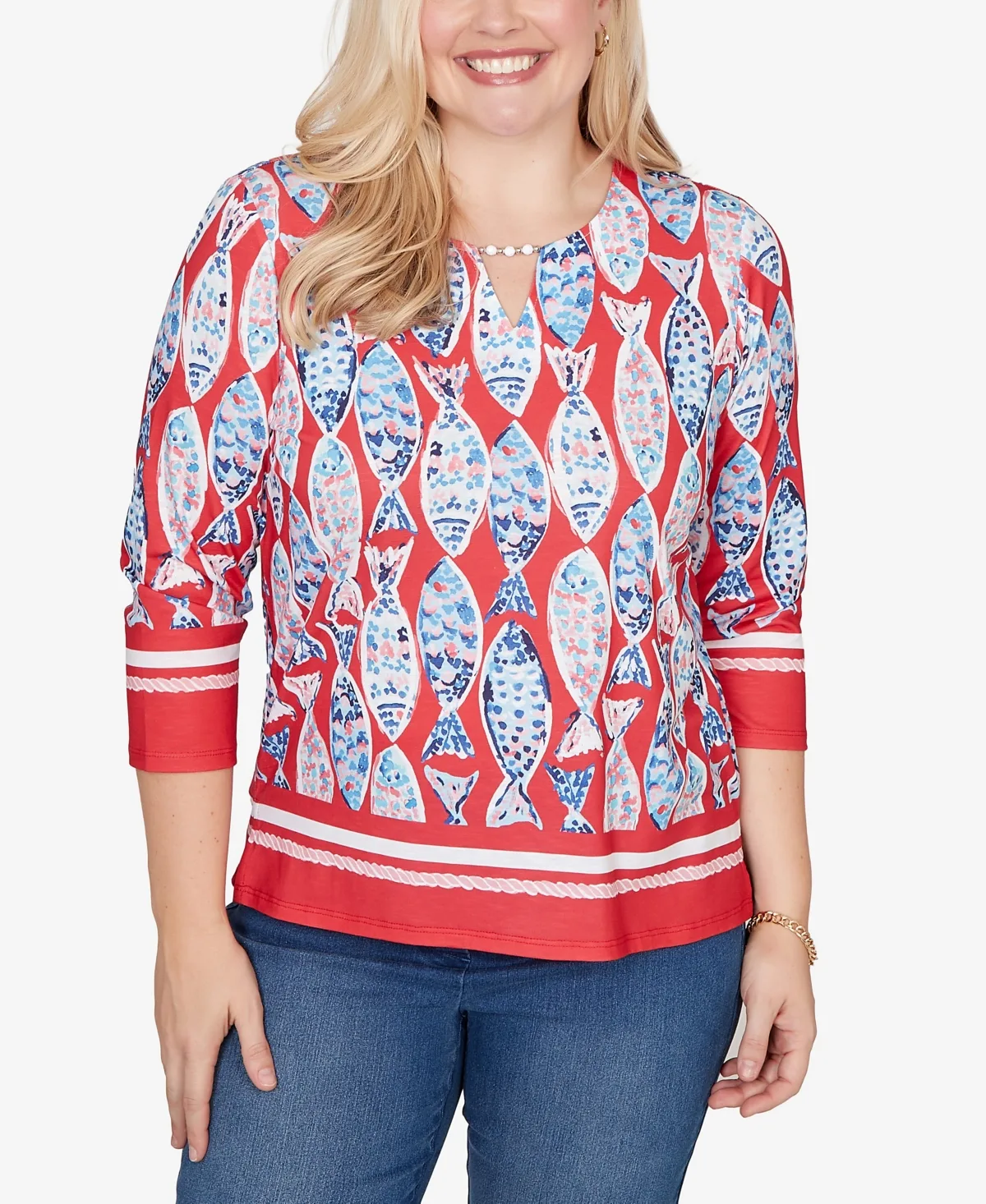Port Side Mosaic Fish Split Beaded Neck Top by Alfred Dunner