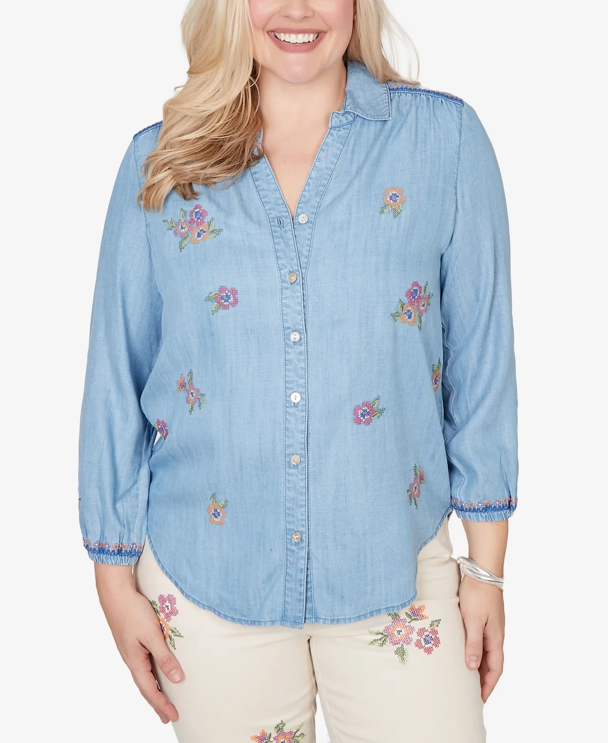 Beachcomber Floral Embroidered Button Front Top by Alfred Dunner