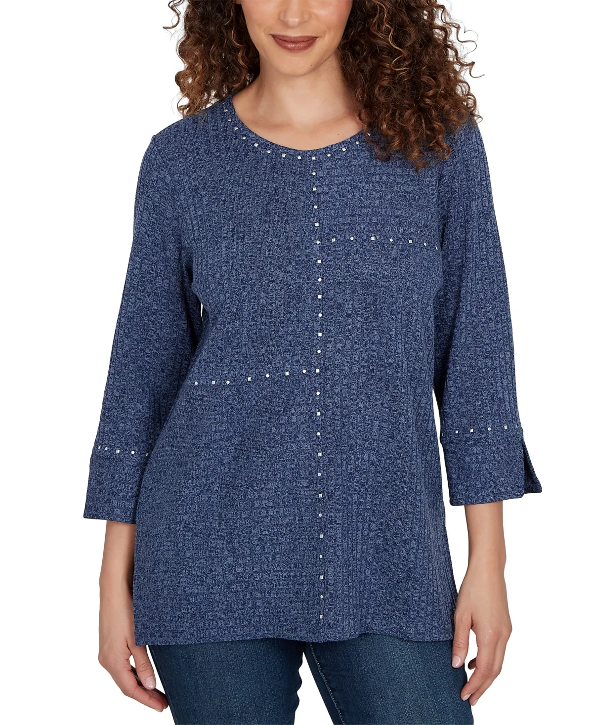 Spliced Texture Metallic Studded Top - Denim by Alfred Dunner