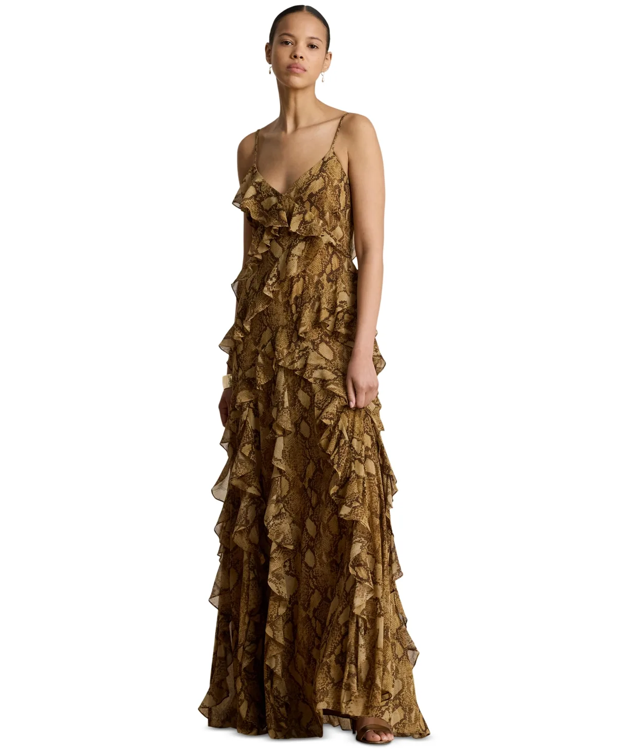 Python-Print Ruffle-Trim Georgette Gown by Lauren Ralph Lauren