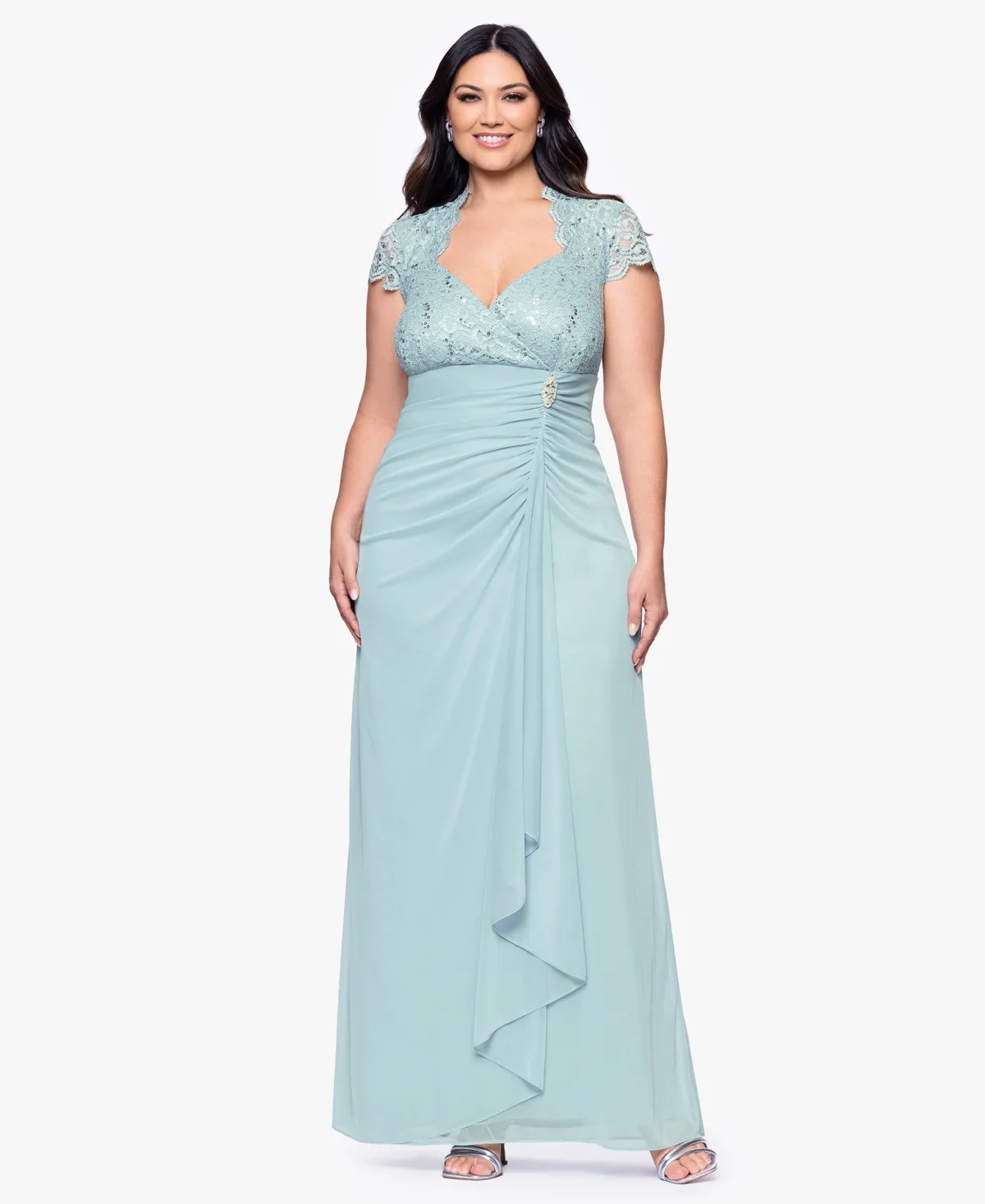 B&A by Betsy & Adam Sequined-Lace Ruched Gown