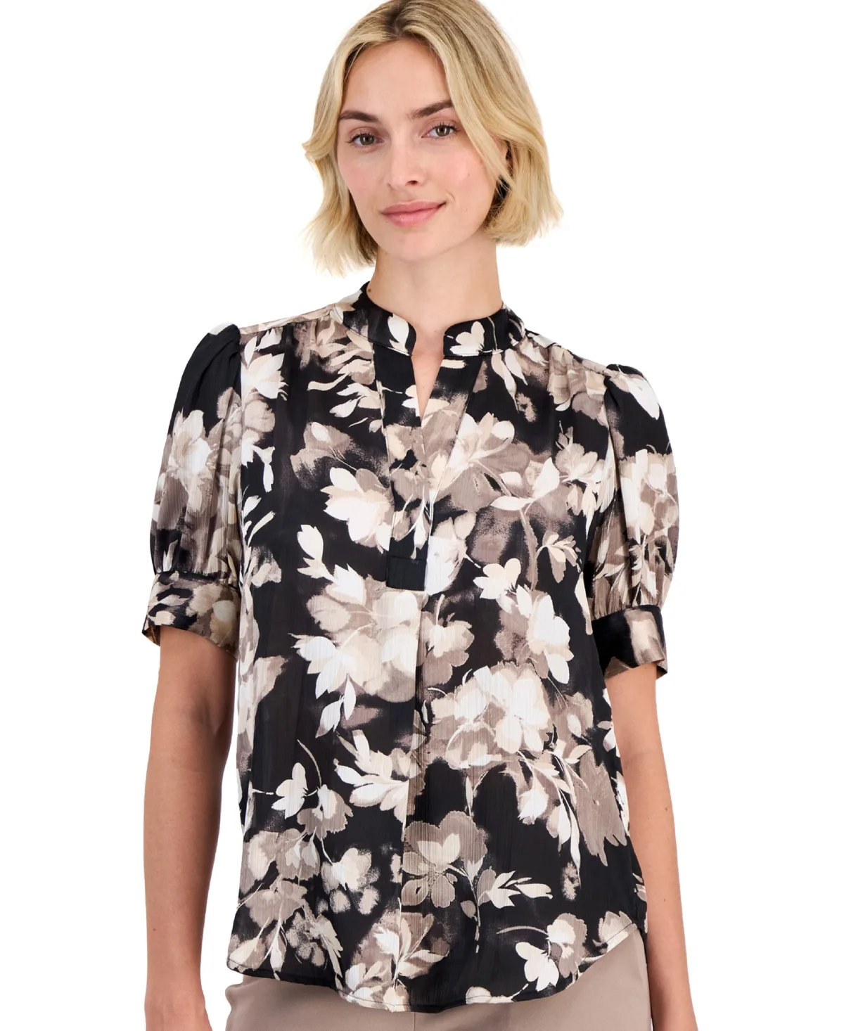 Y-Neck Puff-Sleeve Top by Anne Klein