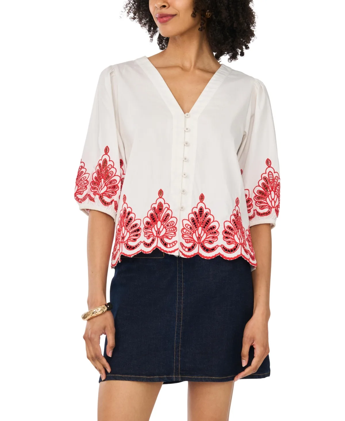 Cotton Embroidery Hem V-Neck Top by Vince Camuto