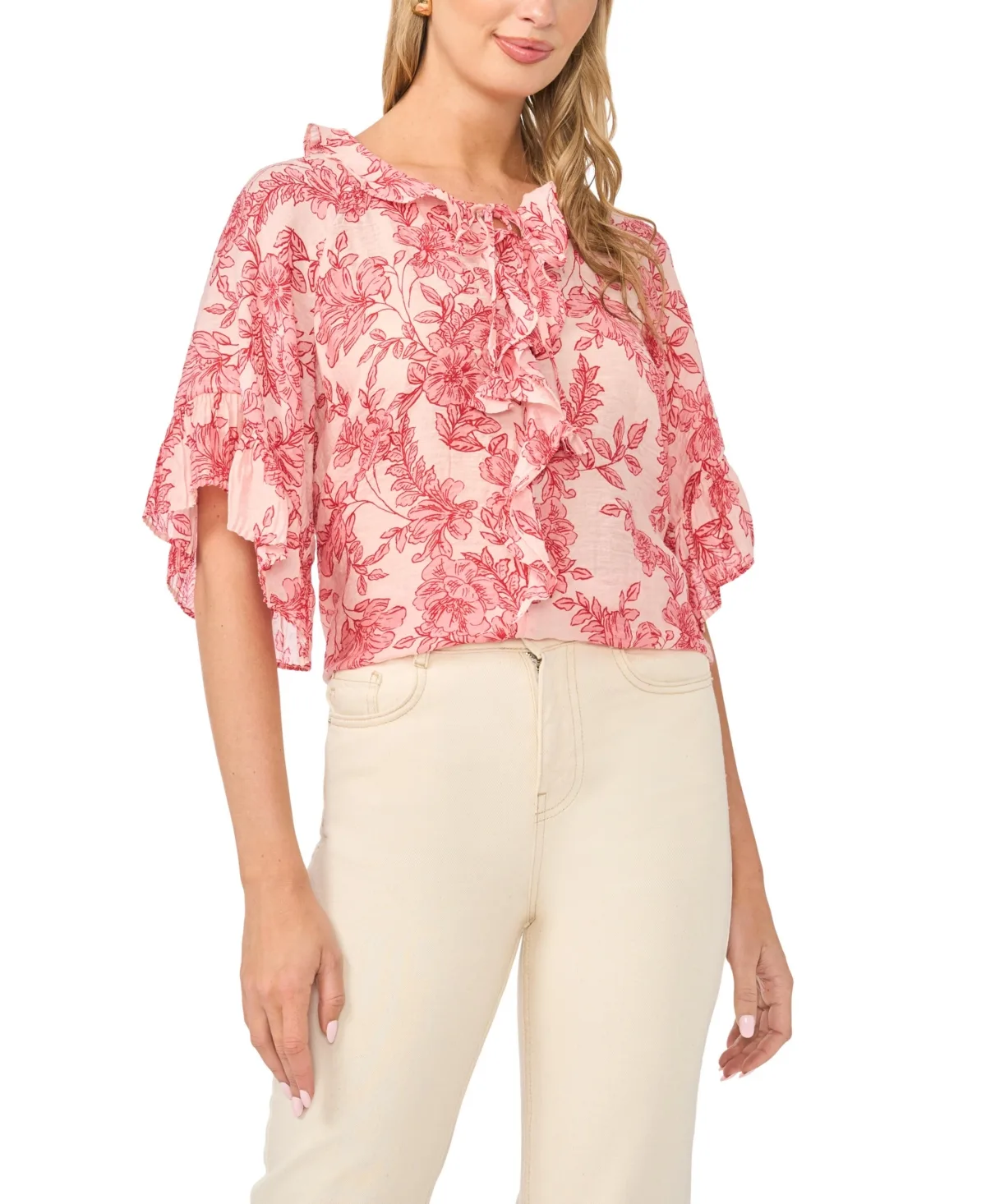 Printed Crewneck Ruffle Front Top