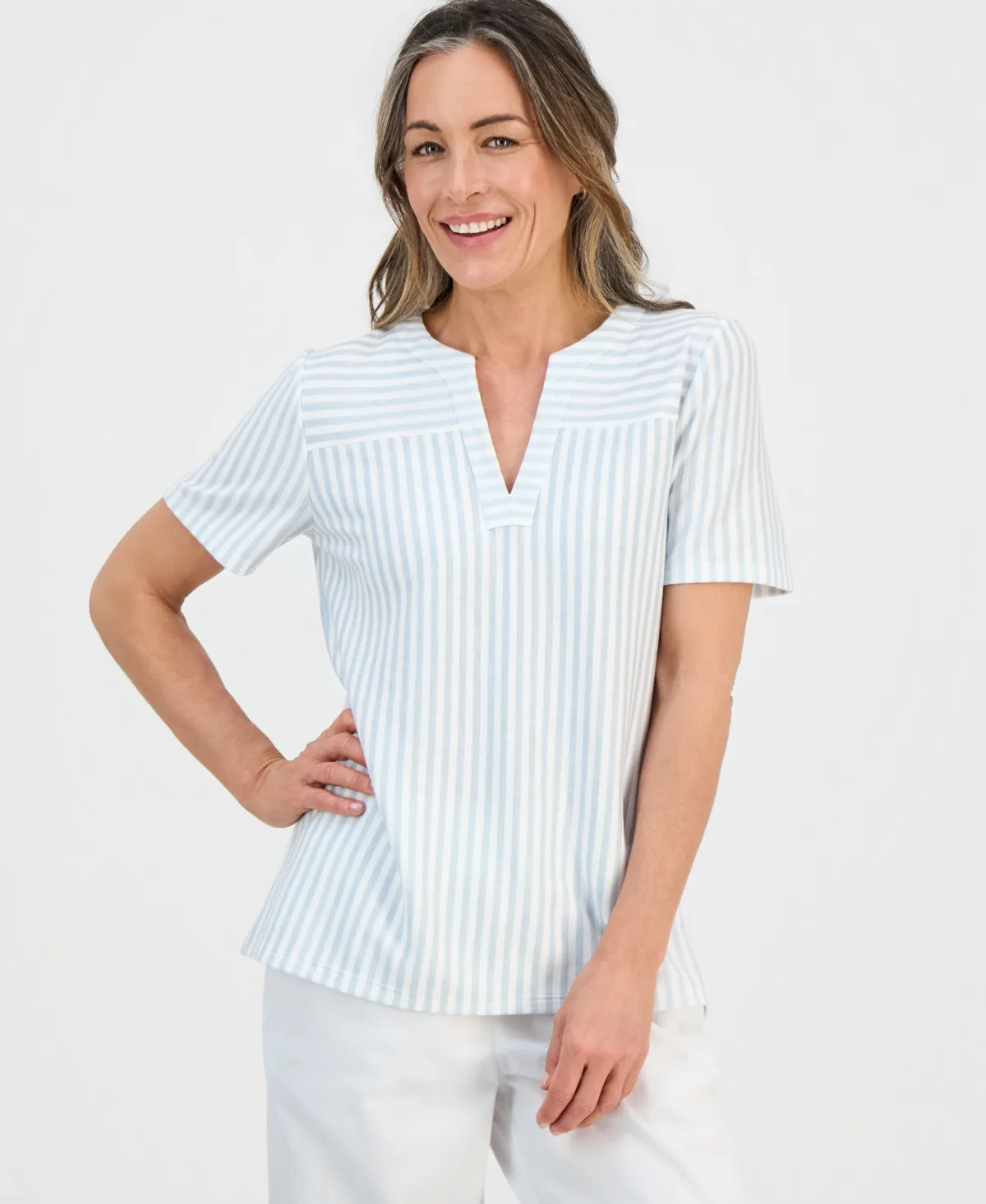 Striped Short-Sleeve Yoke Top by Style & Co