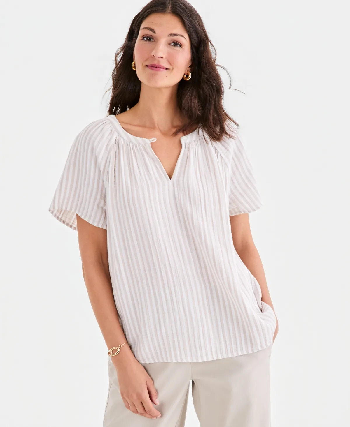 Slit V-Neck Raglan Sleeve Cotton Top by Style & Co
