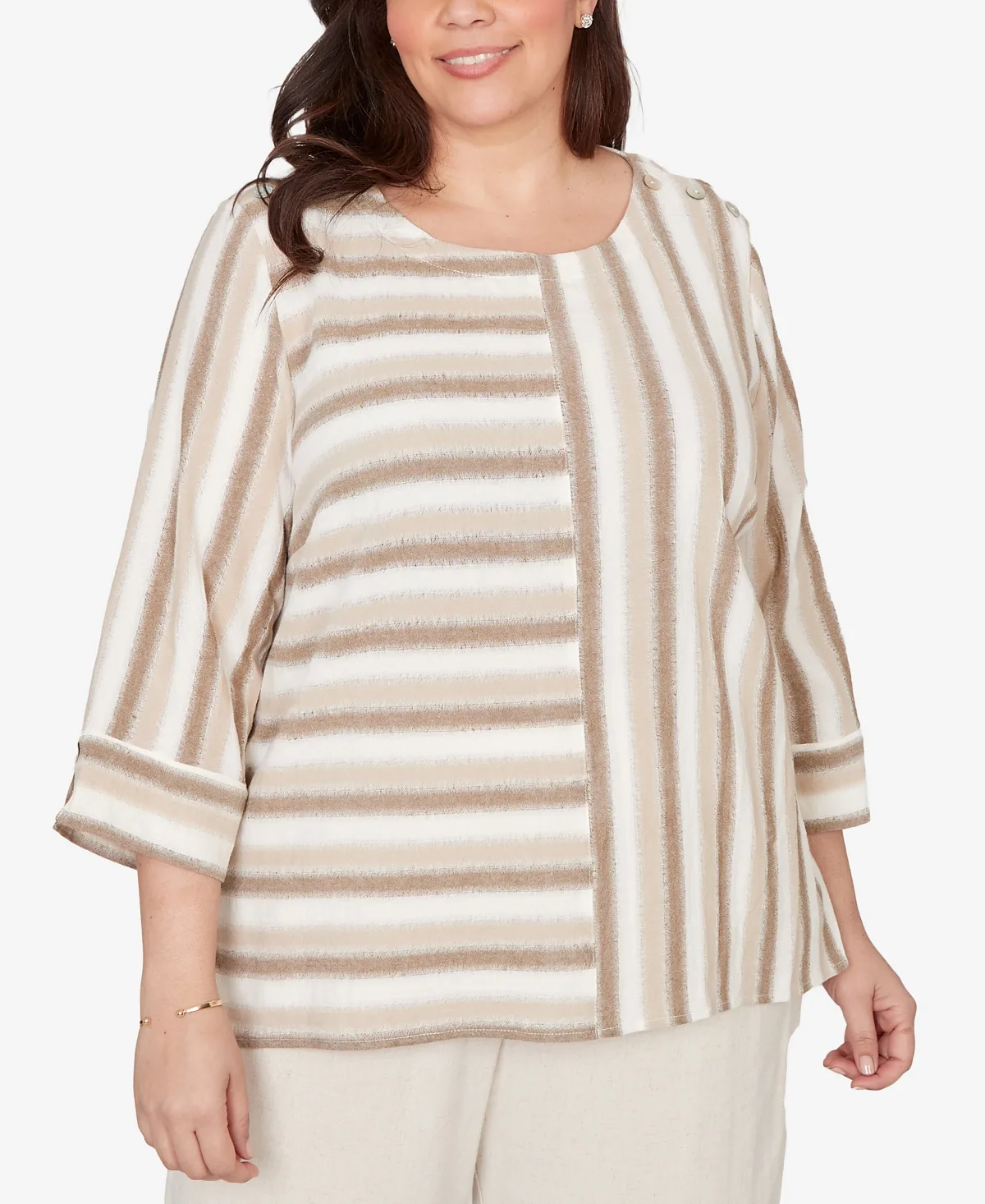 Natural Wonder Spliced Stripe Three Quarter Sleeve Top