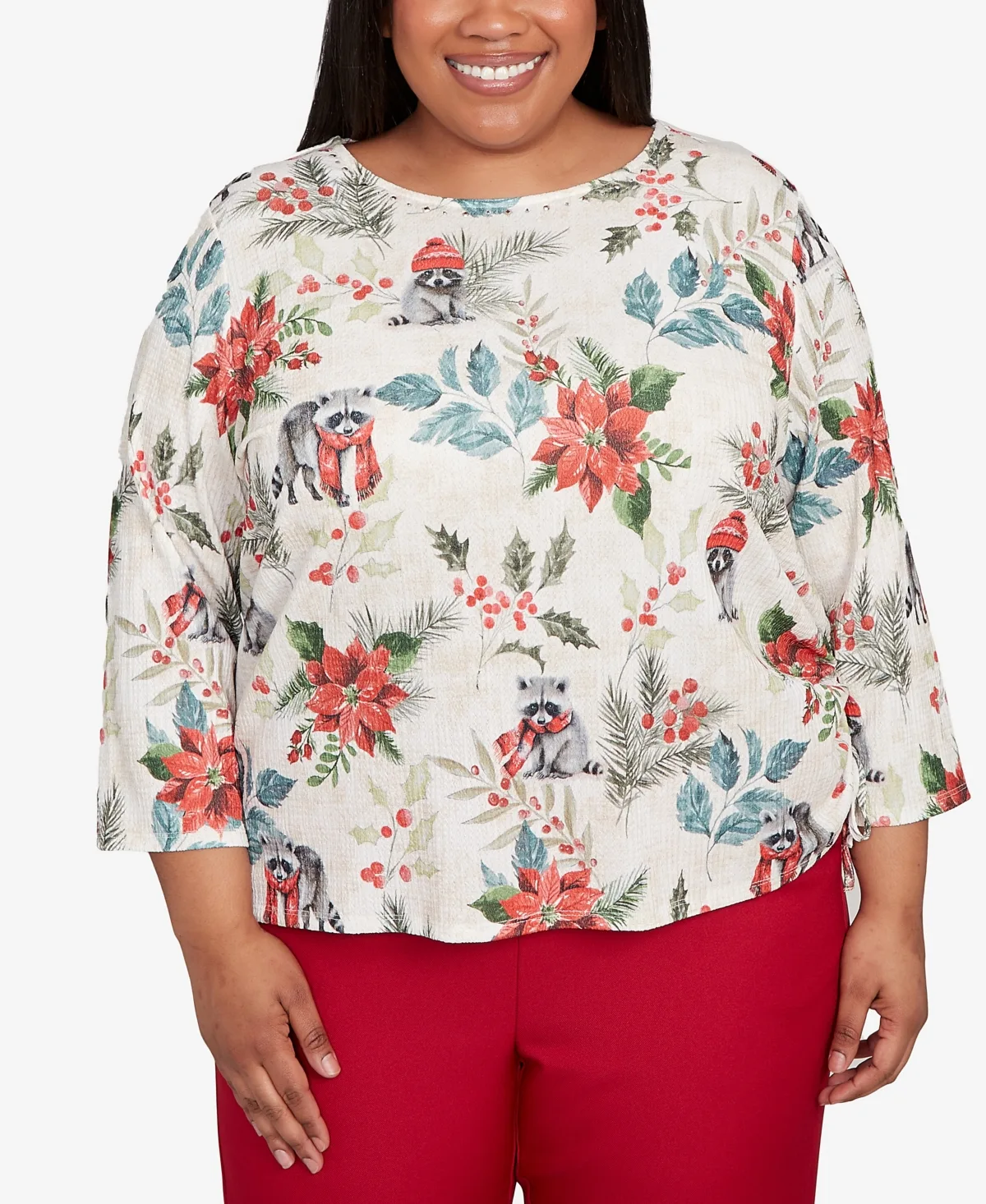 Classic Holiday Poinsettias Crew Neck Top by Alfred Dunner