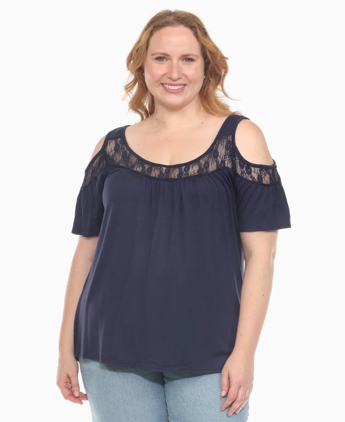Cold Shoulder Lace Trim Knit Top by White Mark