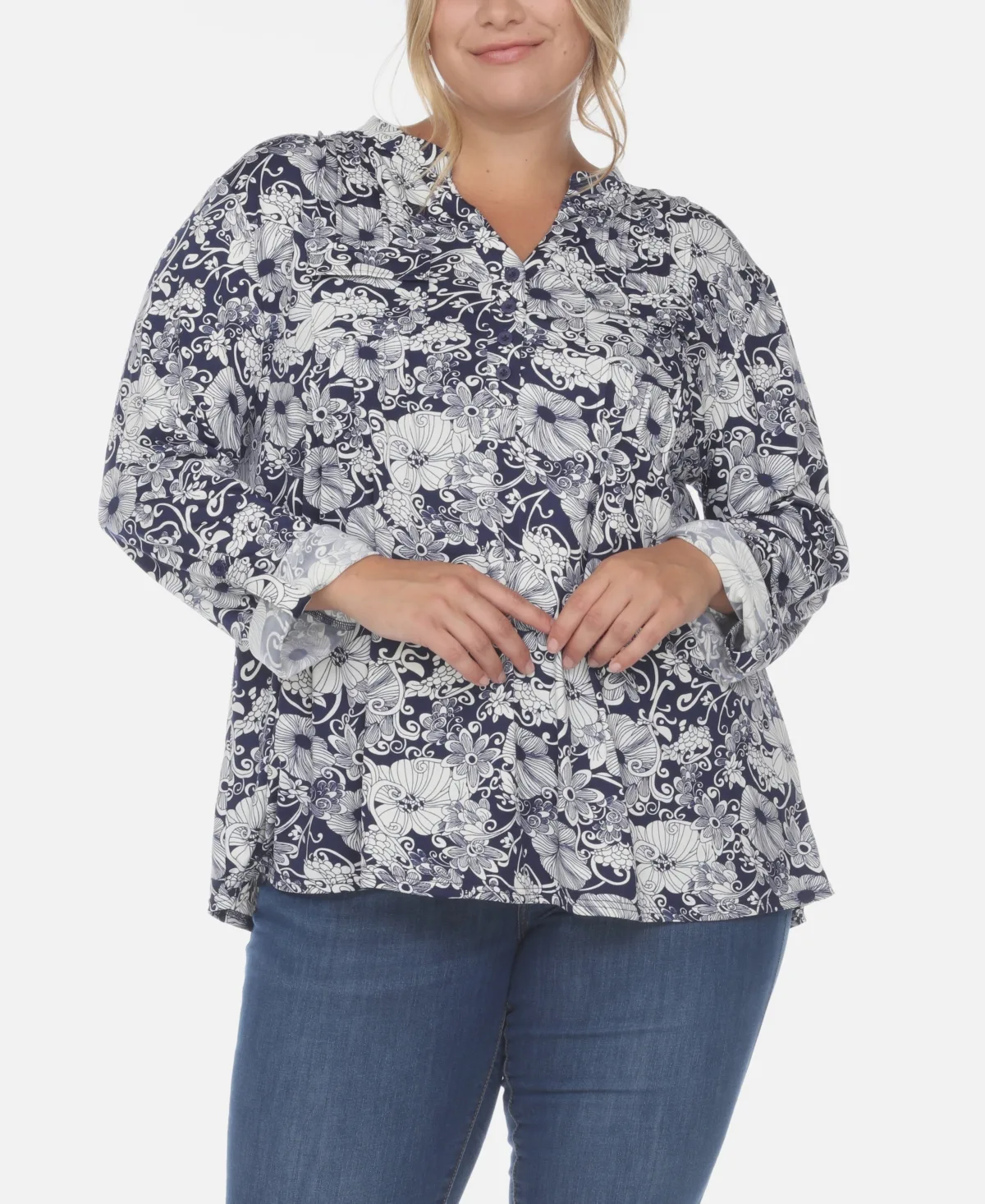 Pleated Long Sleeve Floral Print Blouse by White Mark