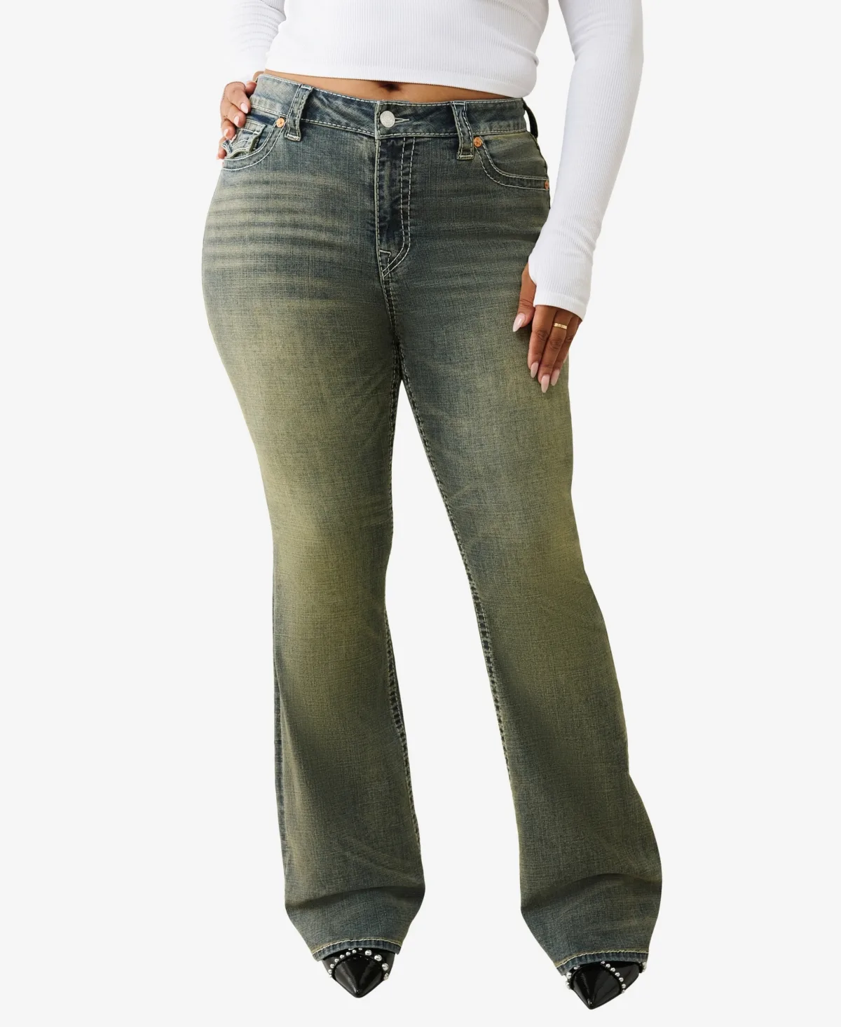 Becca Mid-Rise Bootcut Big T Flap Jeans by True Religion