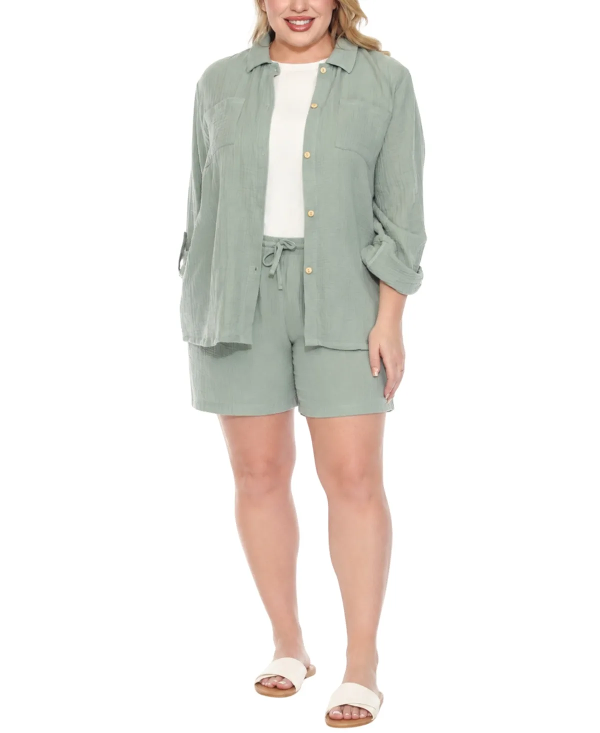 Gauze Button-Front Shirt Shorts Set by White Mark