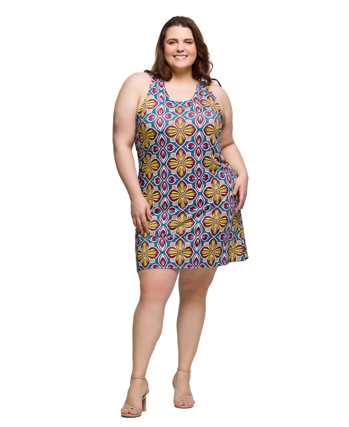 Print Sleeveless Knee Length Shift Dress by 24seven Comfort Apparel