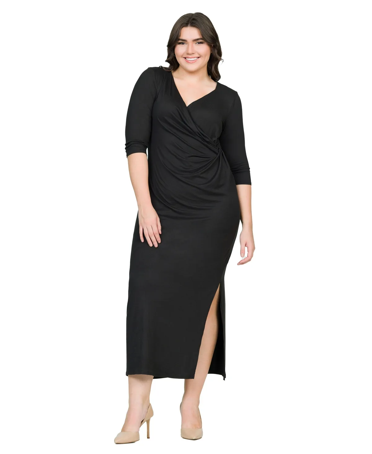 Fitted V-Neck Side Slit Maxi Dress by 24seven Comfort Apparel
