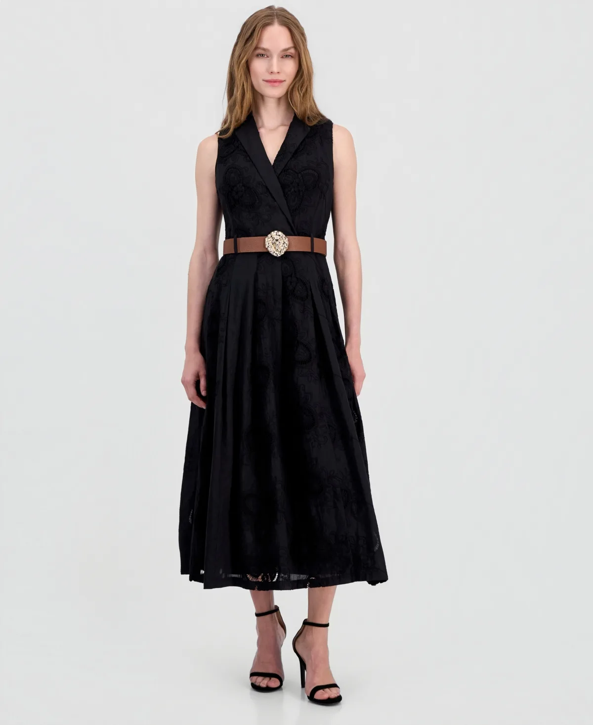 Belted Eyelet Embroidered Cotton Midi Dress by Anne Klein