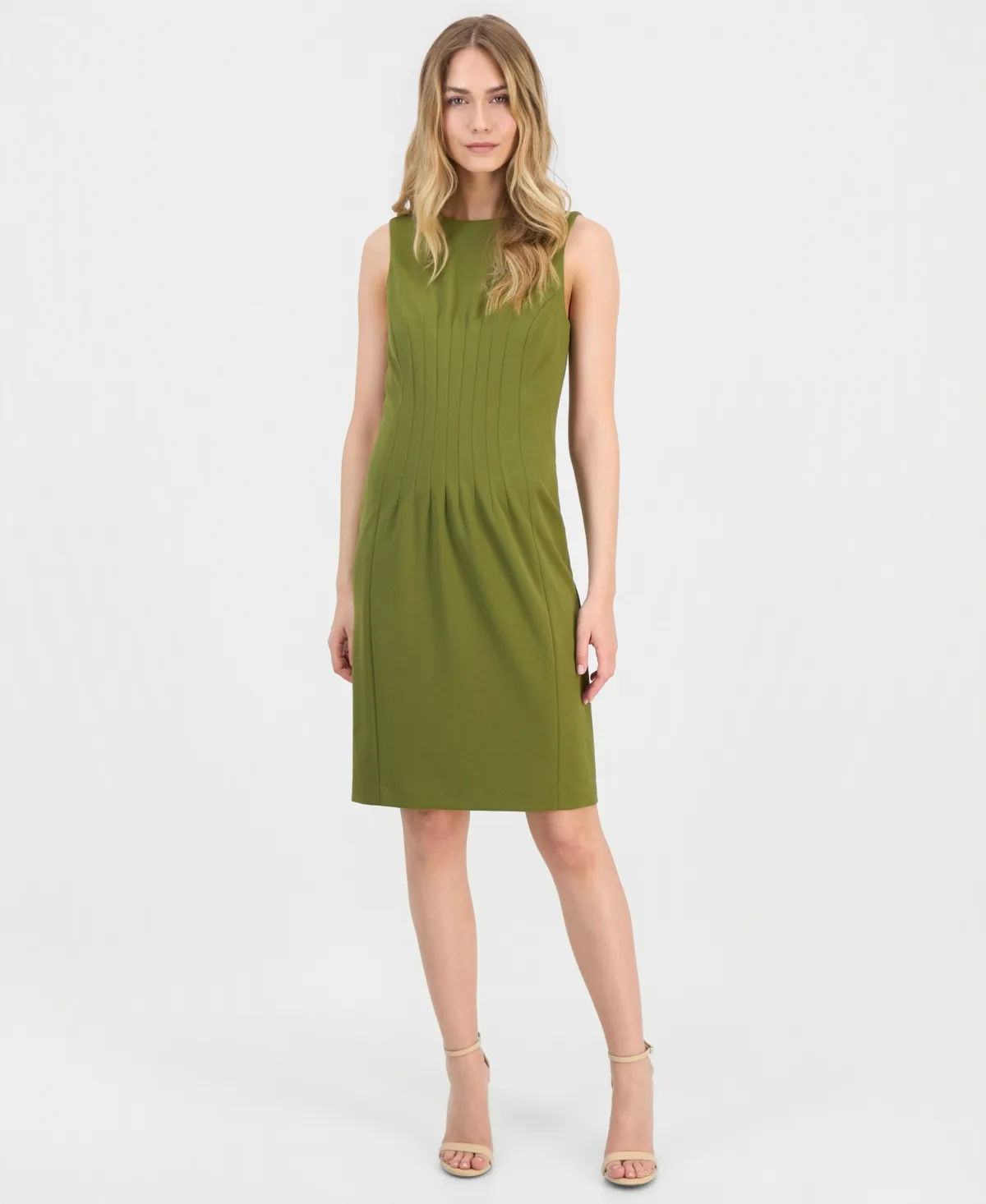 Pleated-Waist Scuba-Crepe Sheath Dress by Anne Klein