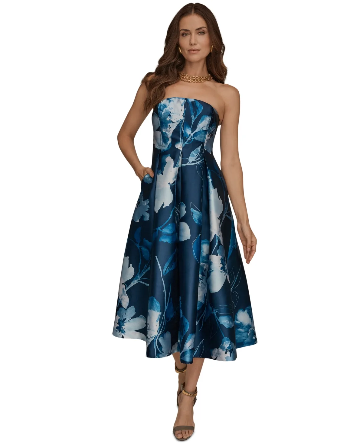 Strapless Floral A-Line Midi Dress by Donna Karan New York