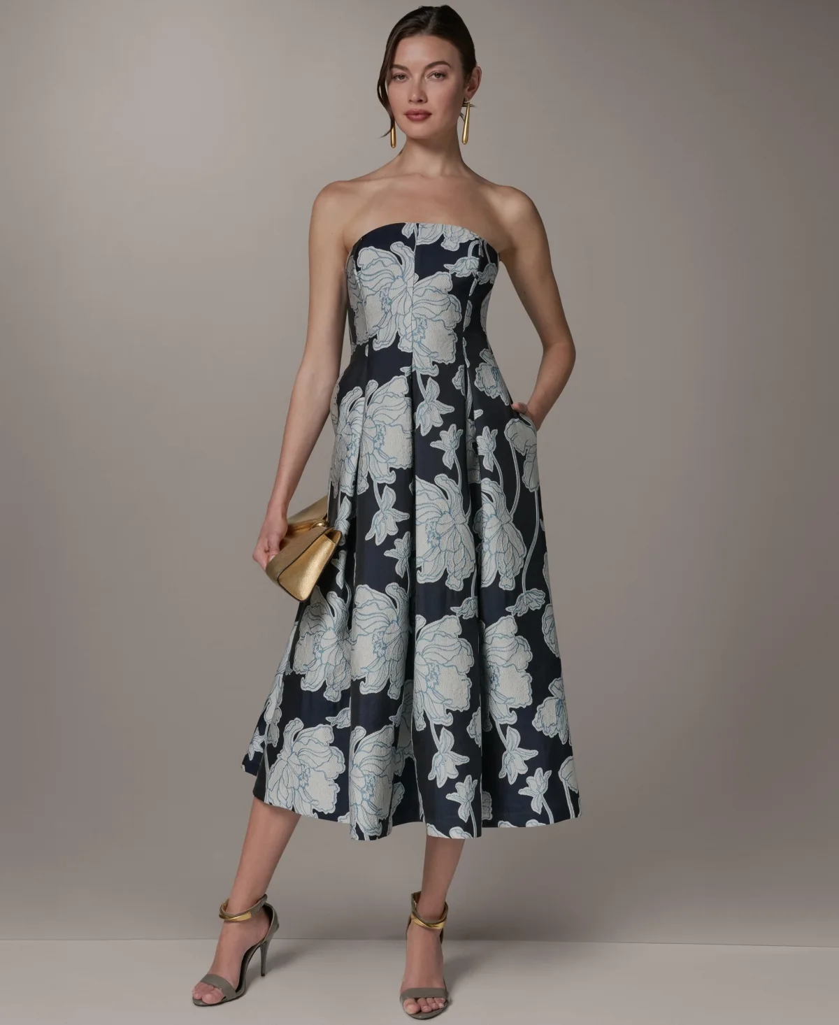 Strapless Jacquard Fit & Flare Floral Midi Dress by Donna Karan New York