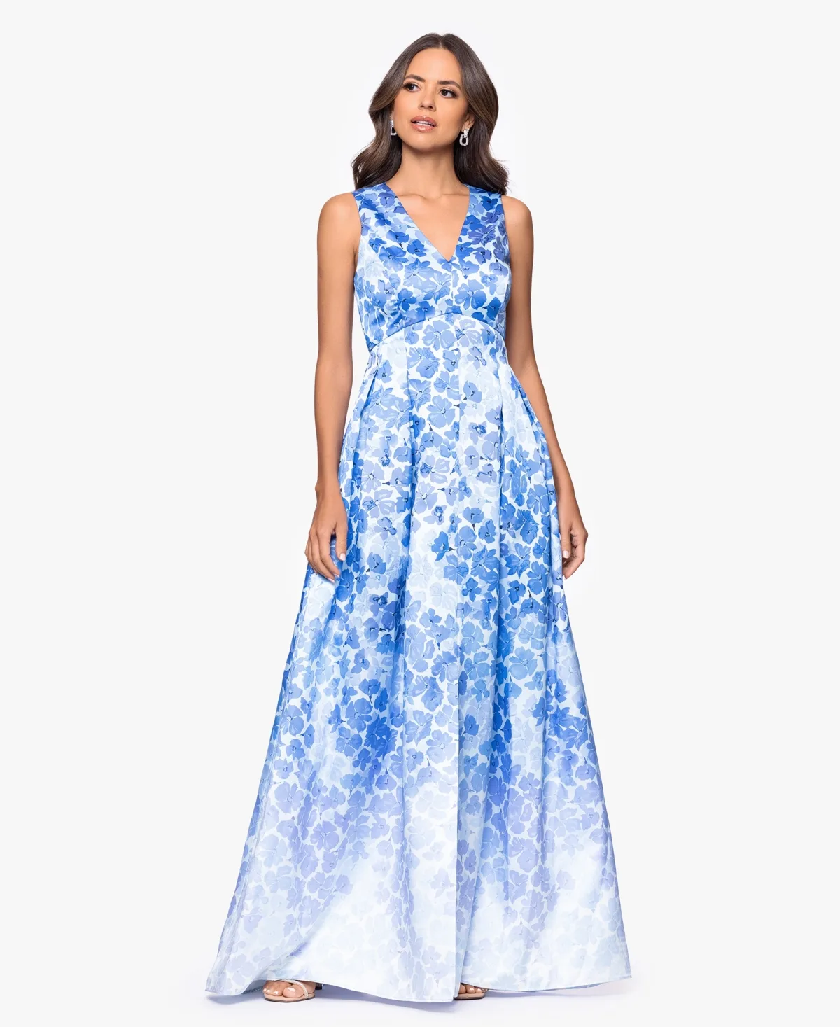 Floral Printed V-Neck Gown by Betsy & Adam
