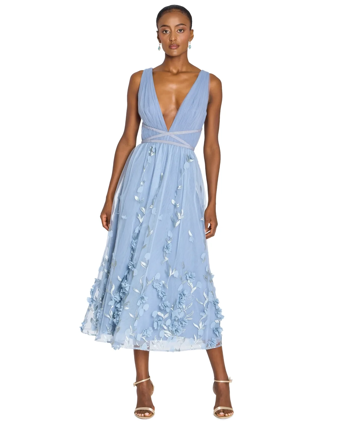V-Neck 3D Floral Midi Dress