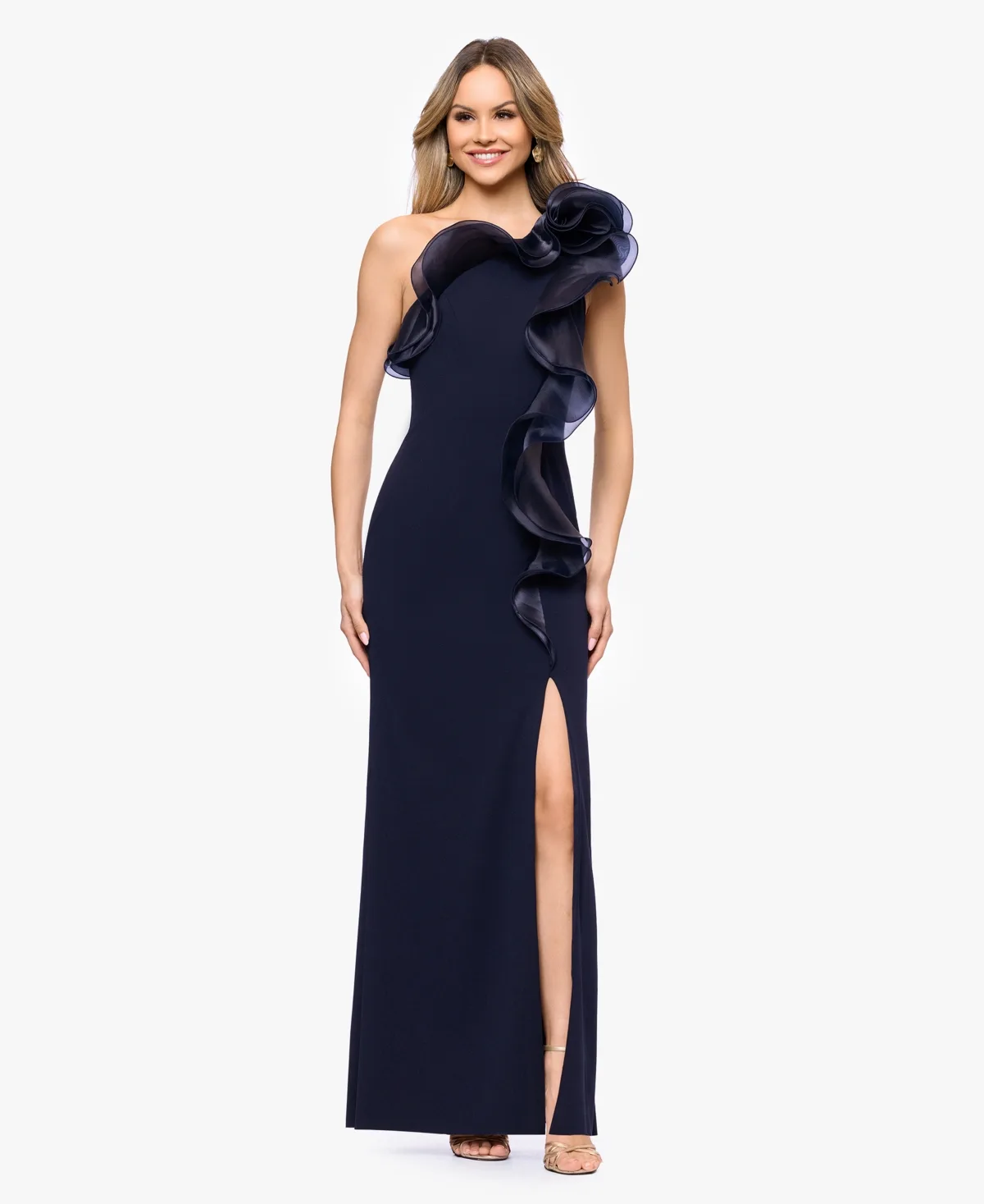 Scuba Crepe Organza-Ruffle Long Dress