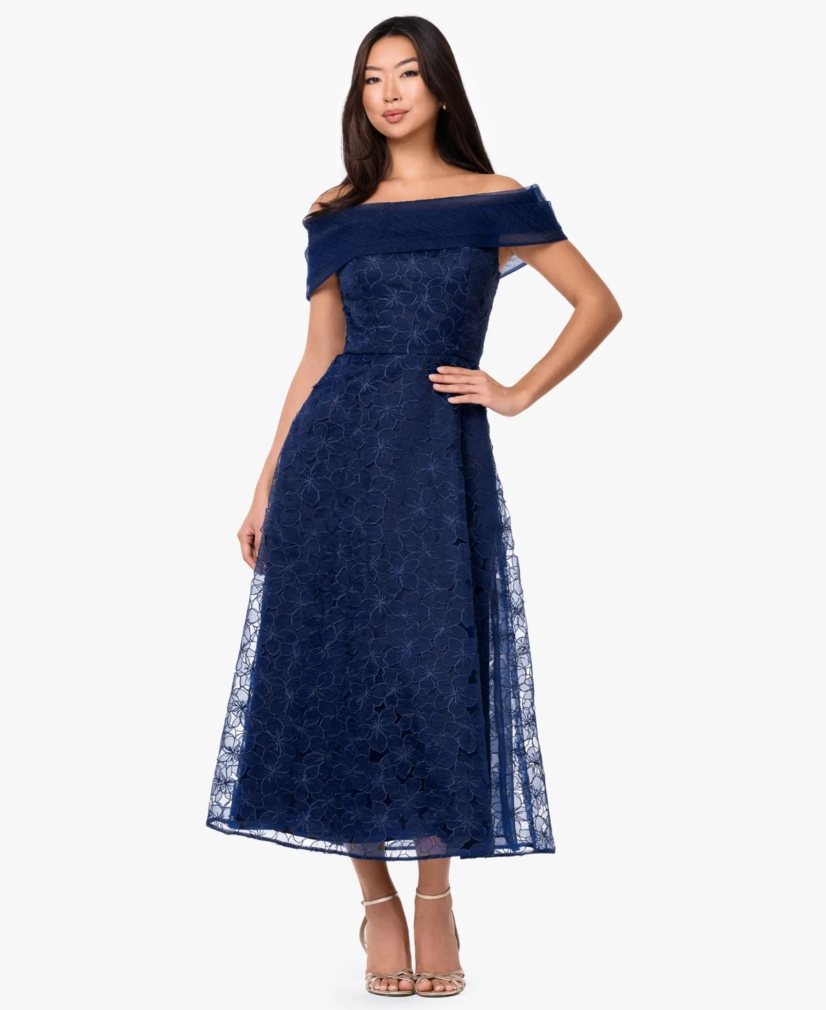 Off-The-Shoulder Embroidered A-Line Midi Dress by Betsy & Adam