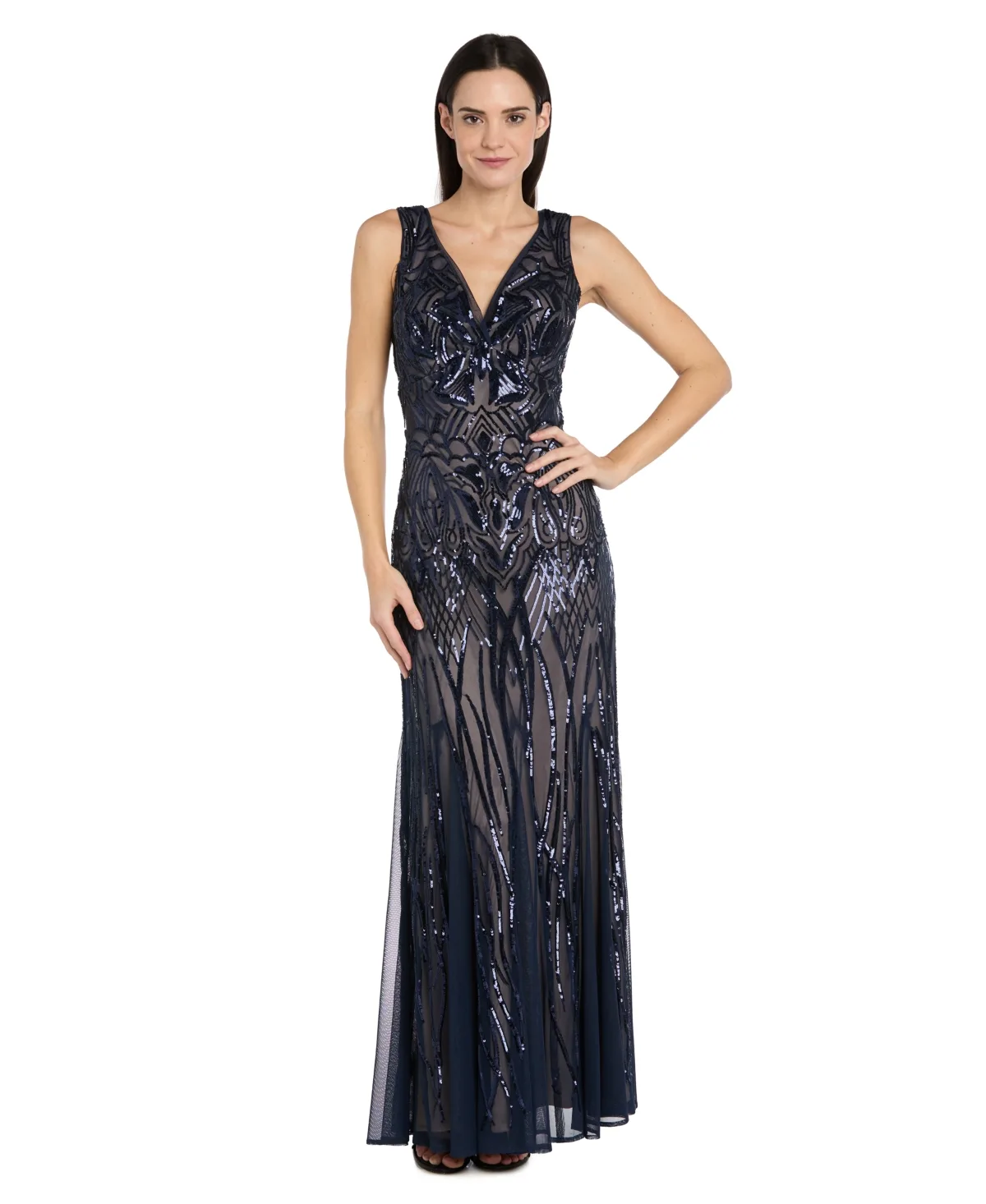 Sequined V-Neck Godet Gown by R & M Richards