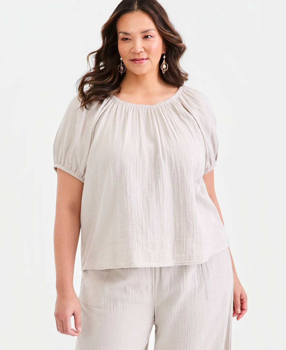 Cotton Gauze Scoop-Neck Puff-Sleeve Top by Style & Co