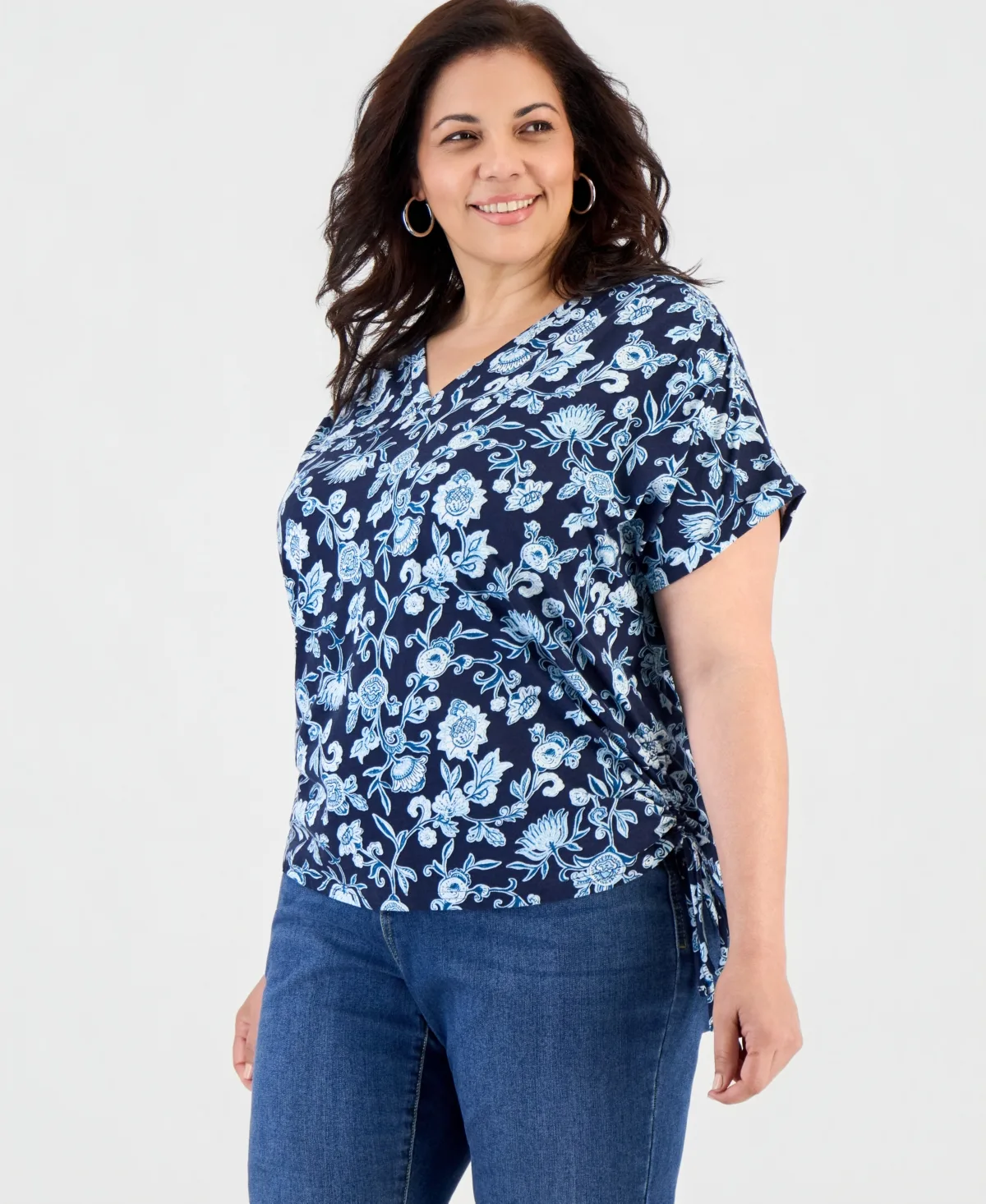 Printed Ruched Tie V-Neck Top by Style & Co
