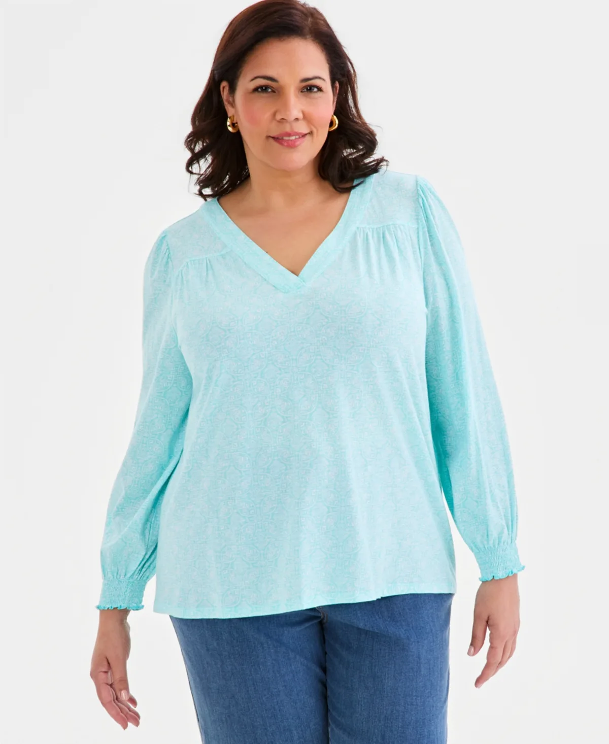 Printed Smocked-Cuff Long-Sleeve V-Neck Top by Style & Co