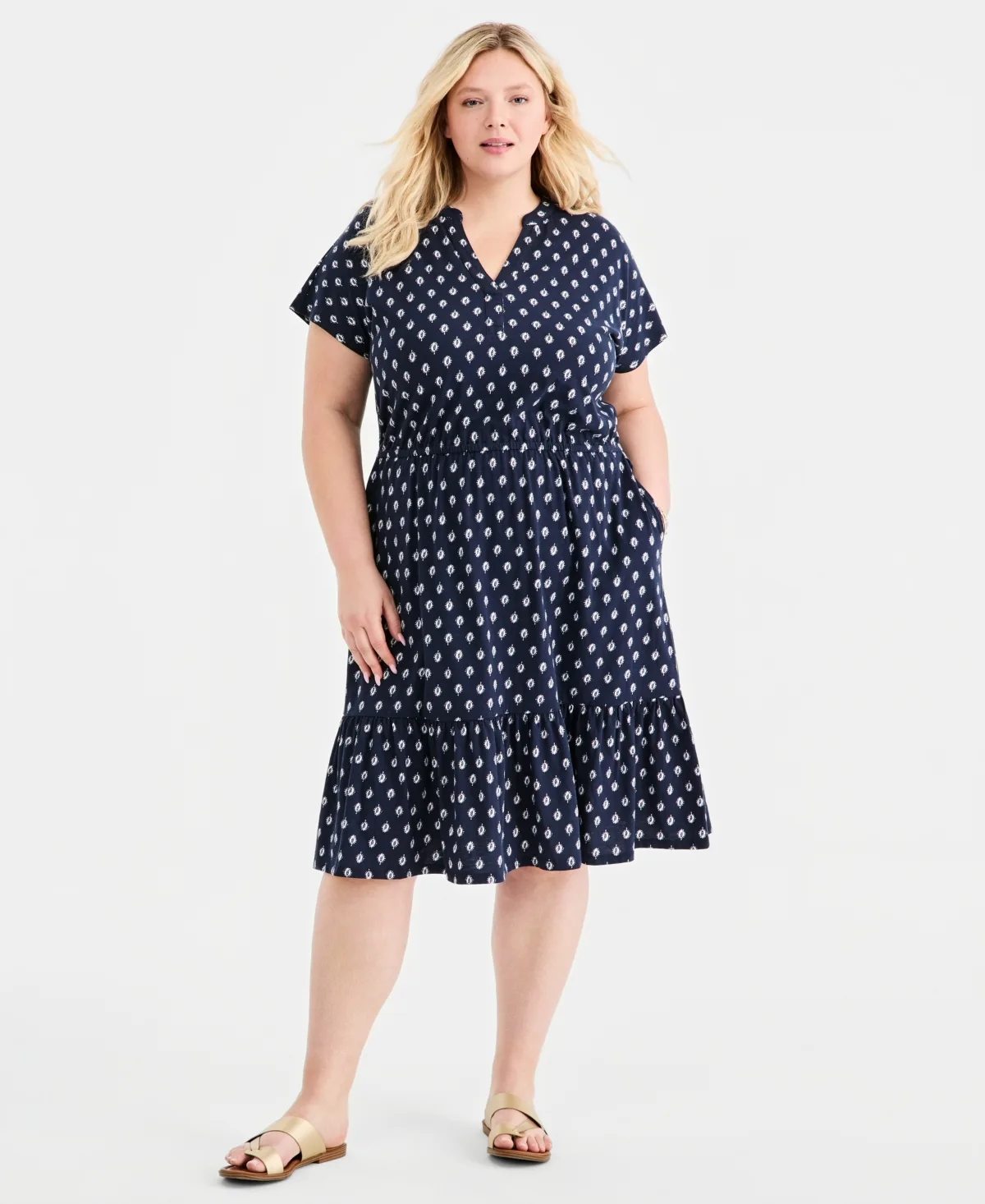 Printed Split-Neck Tiered Midi Dress by Style & Co