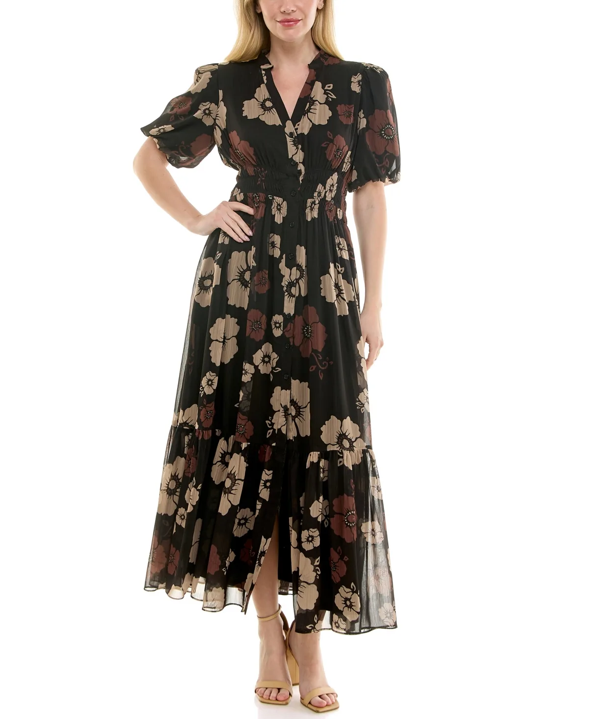 Floral Print Puff-Sleeve Collared Polyester Shirt Dress by Taylor