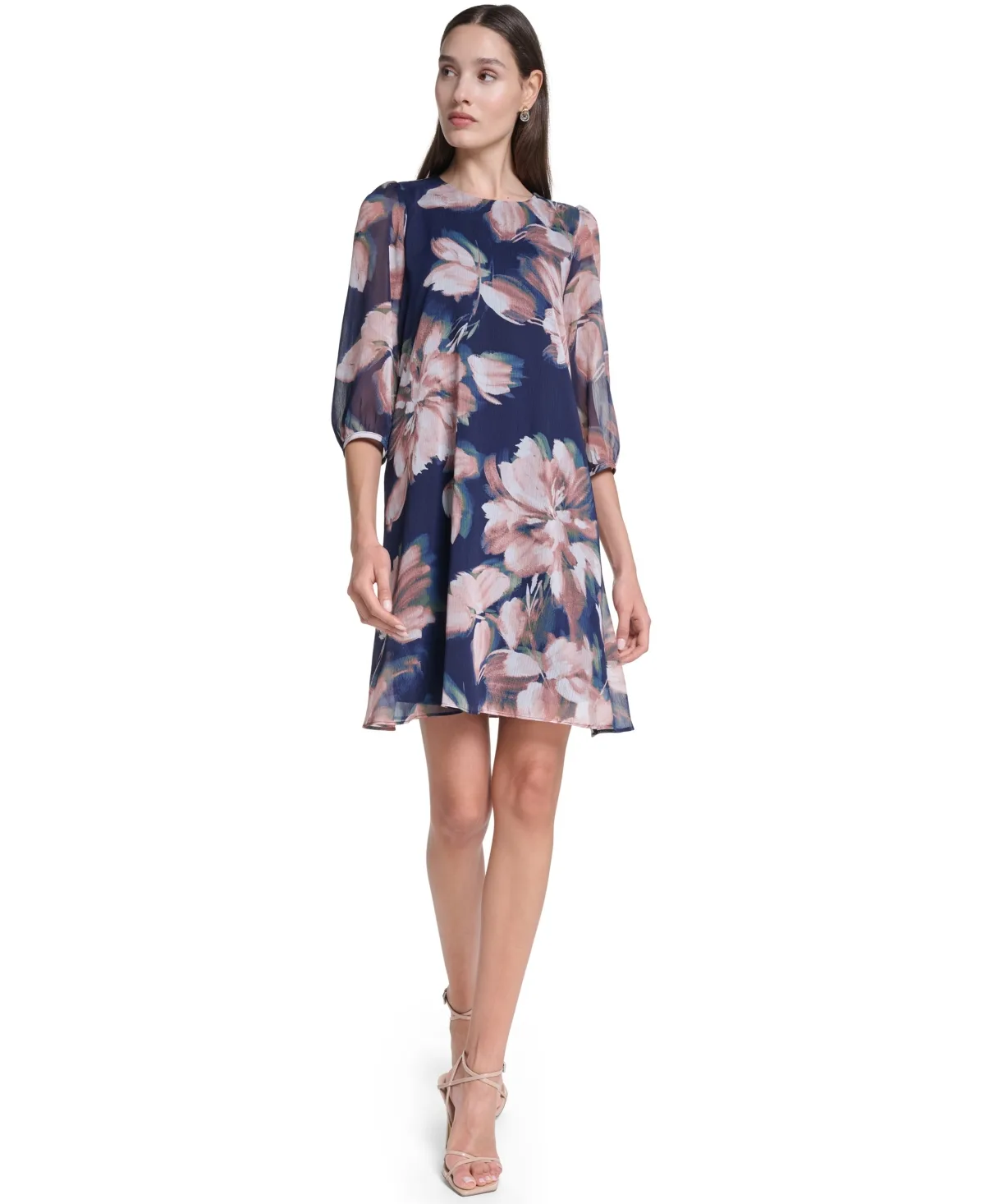 3/4-Sleeve Floral Chiffon Shift Dress