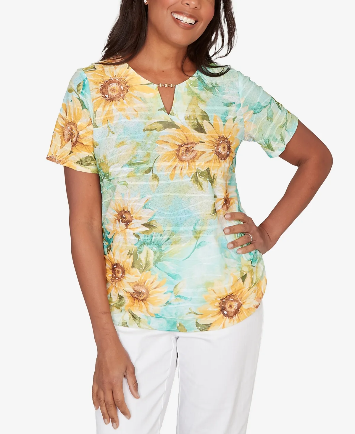 Sunflower Split Neck Side Ruched Top by Alfred Dunner