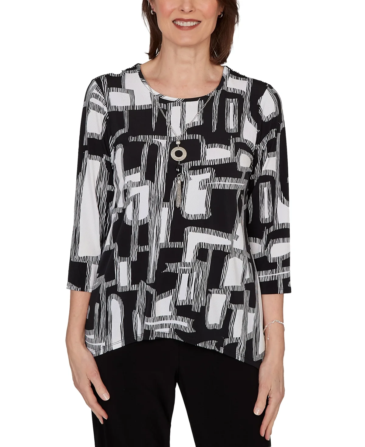 Geo Boxes Puff Printed Top with Necklace by Alfred Dunner