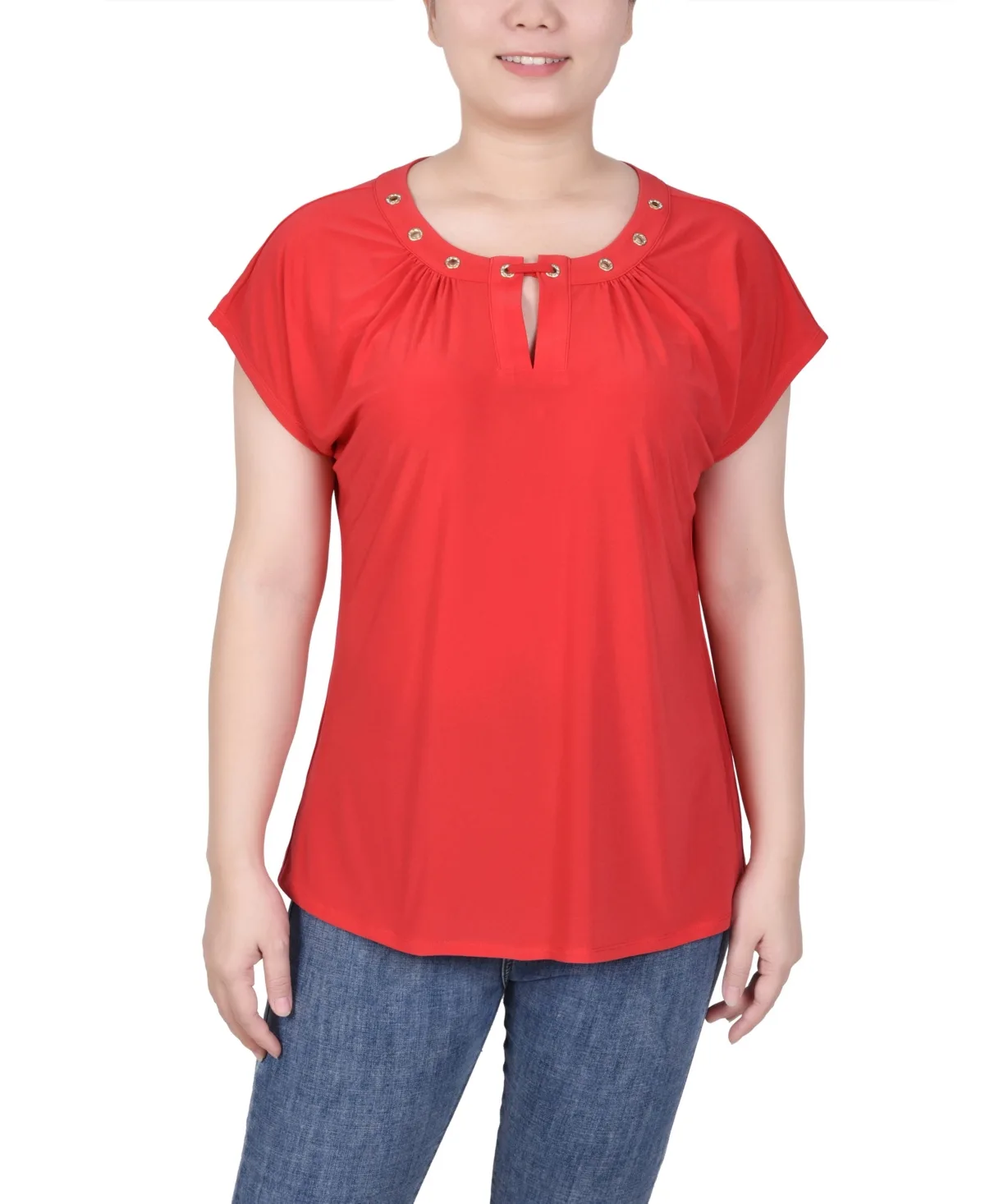 Grommet Neck Knit Short Extended Sleeve Top by Ny Collection
