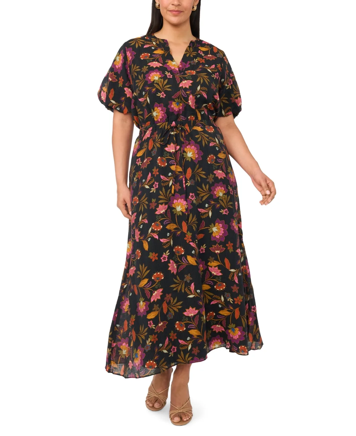 V-Neck Puff-Sleeve Self-Tie Waist Maxi Dress by Vince Camuto