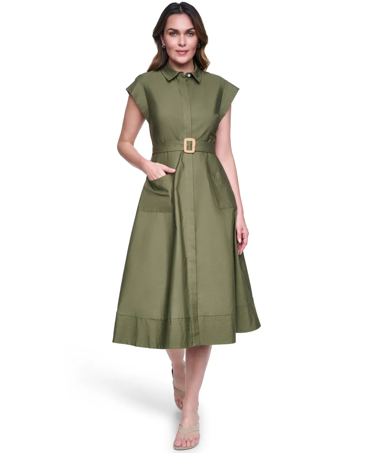 Trapunto Stitch Collared Button Down Midi Shirt Dress by Eliza J