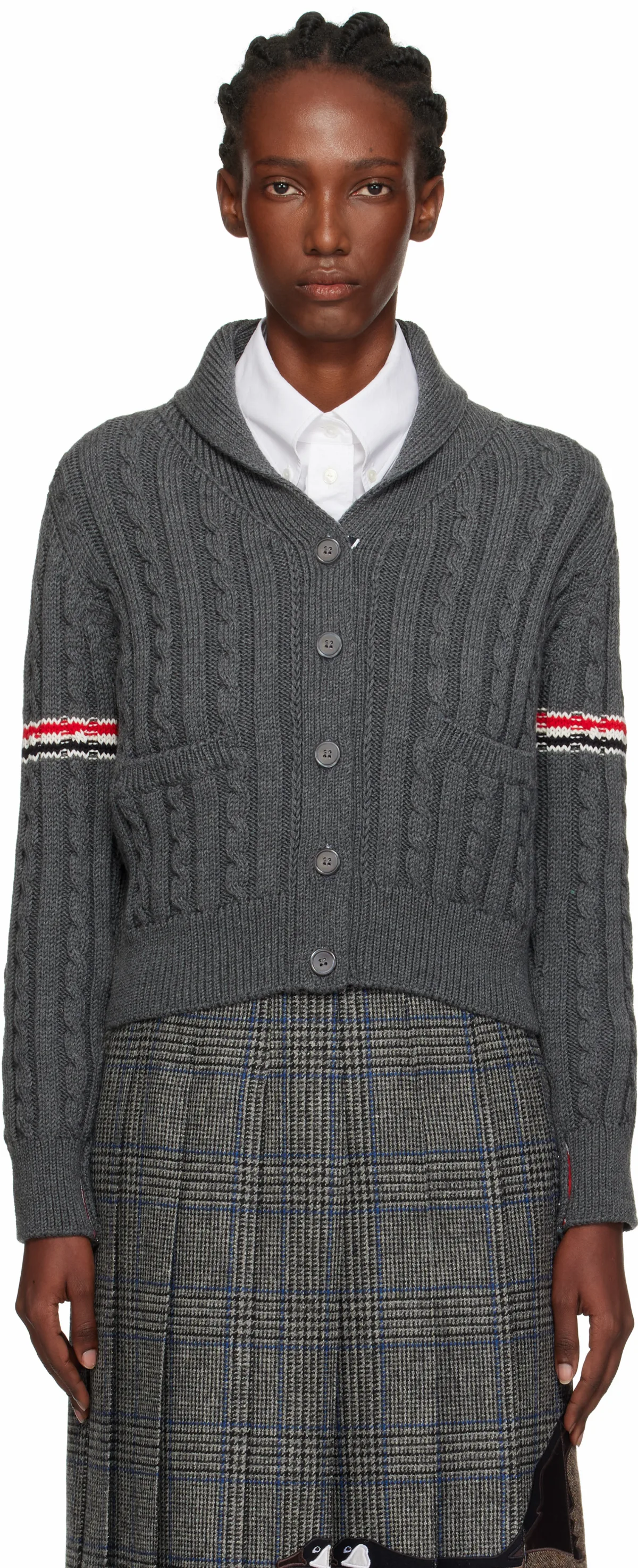 Gray Baby Cable Stitch Shawl Collar Cardigan